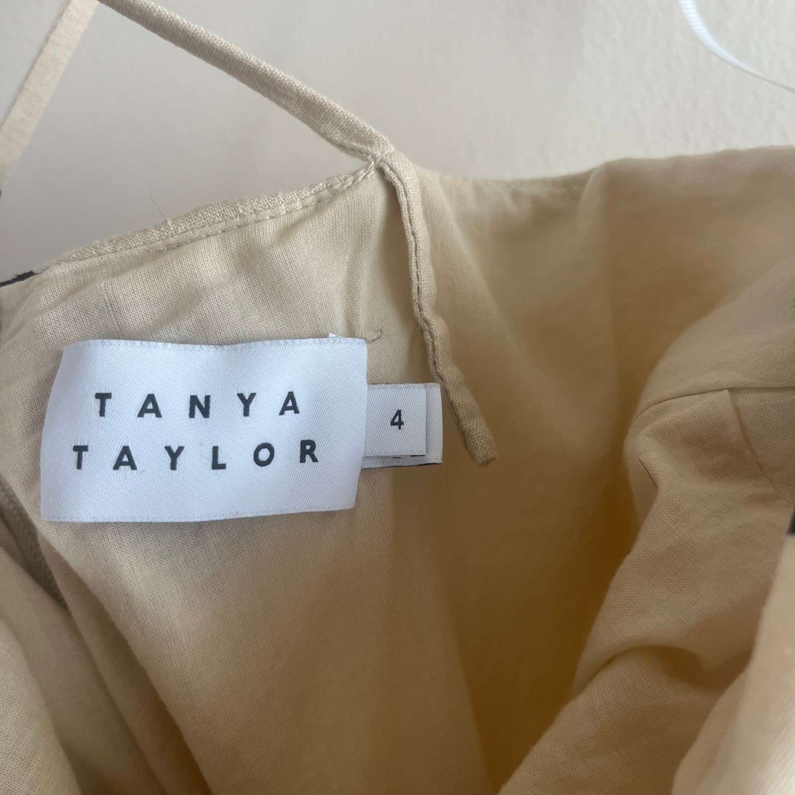 Tanya Taylor Meredith Dress Polka Dot Linen Ruched V Neck Cream Midi 4