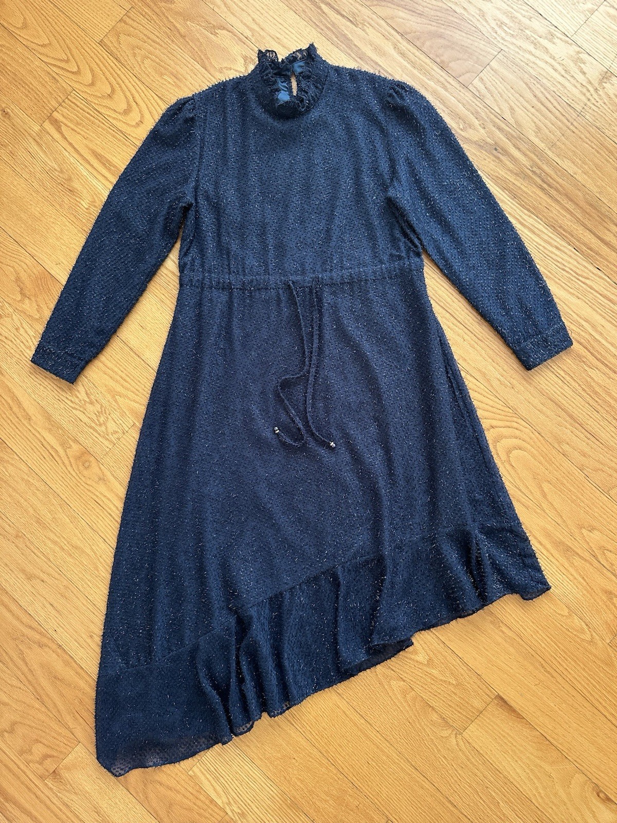 Asymmetrical Tinsel Ruffle Stand Collar Dress Navy Size 10
