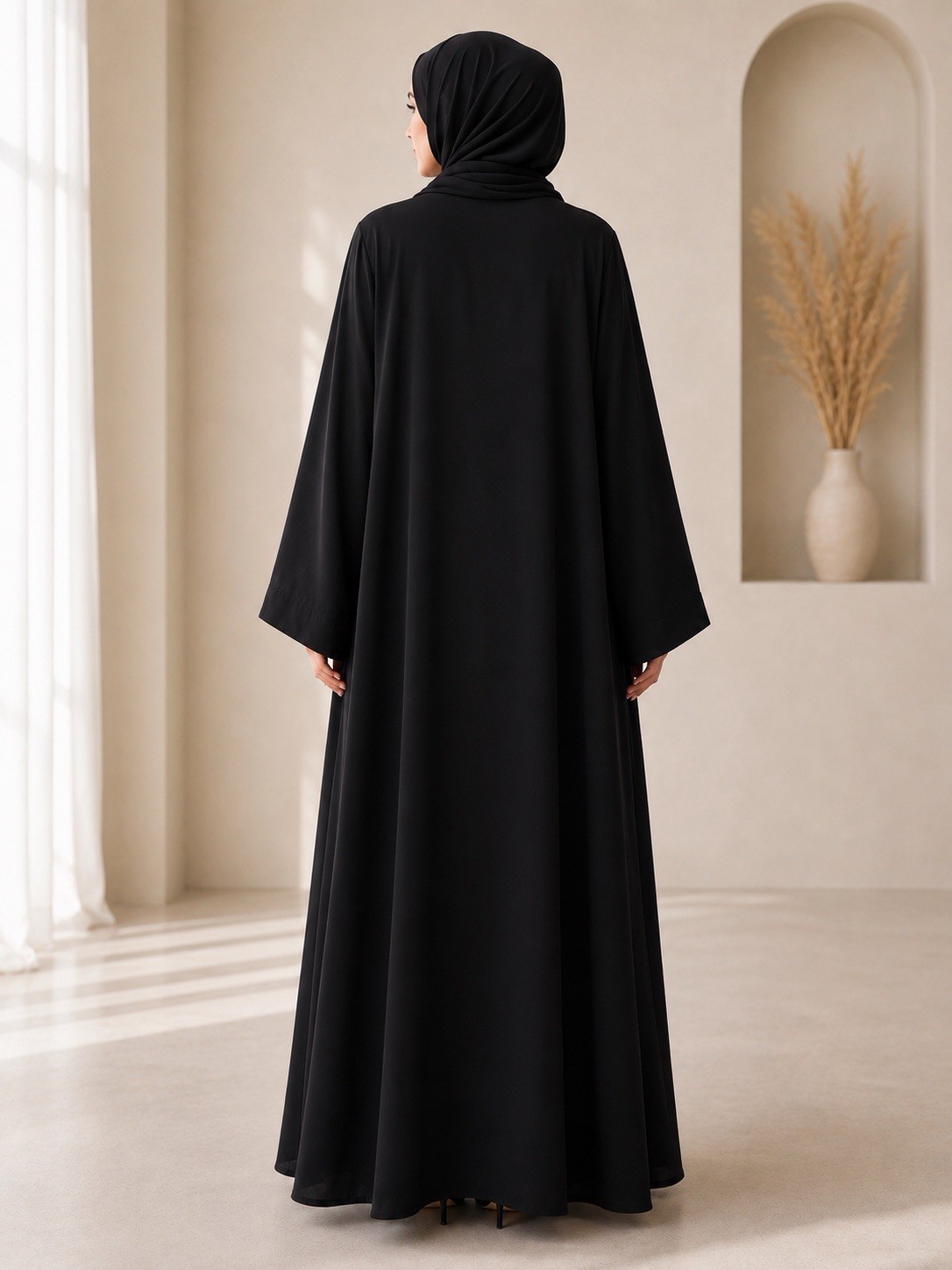 Libaayawear Women’s Black Solid Open Front Abaya One Size Nida Bell Sleeve