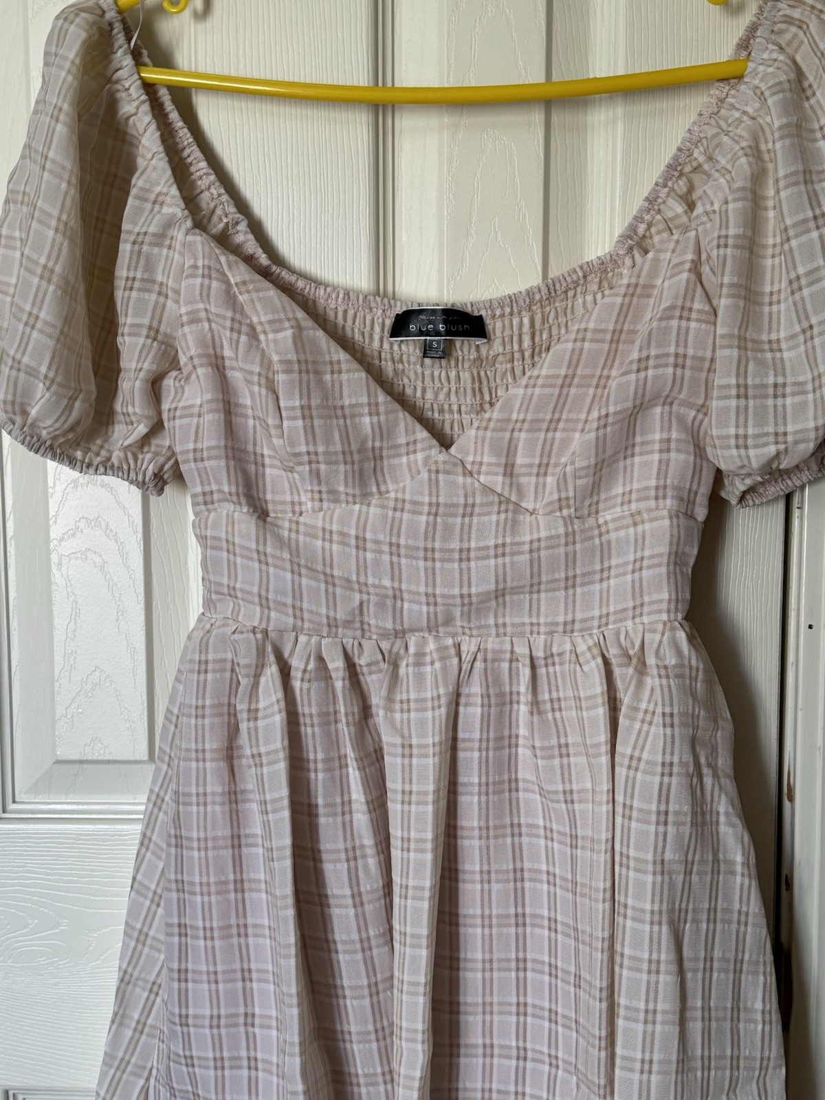 Blue Blush Beige White Plaid Puff Sleeve Smocked Short Sundress Sweetheart S