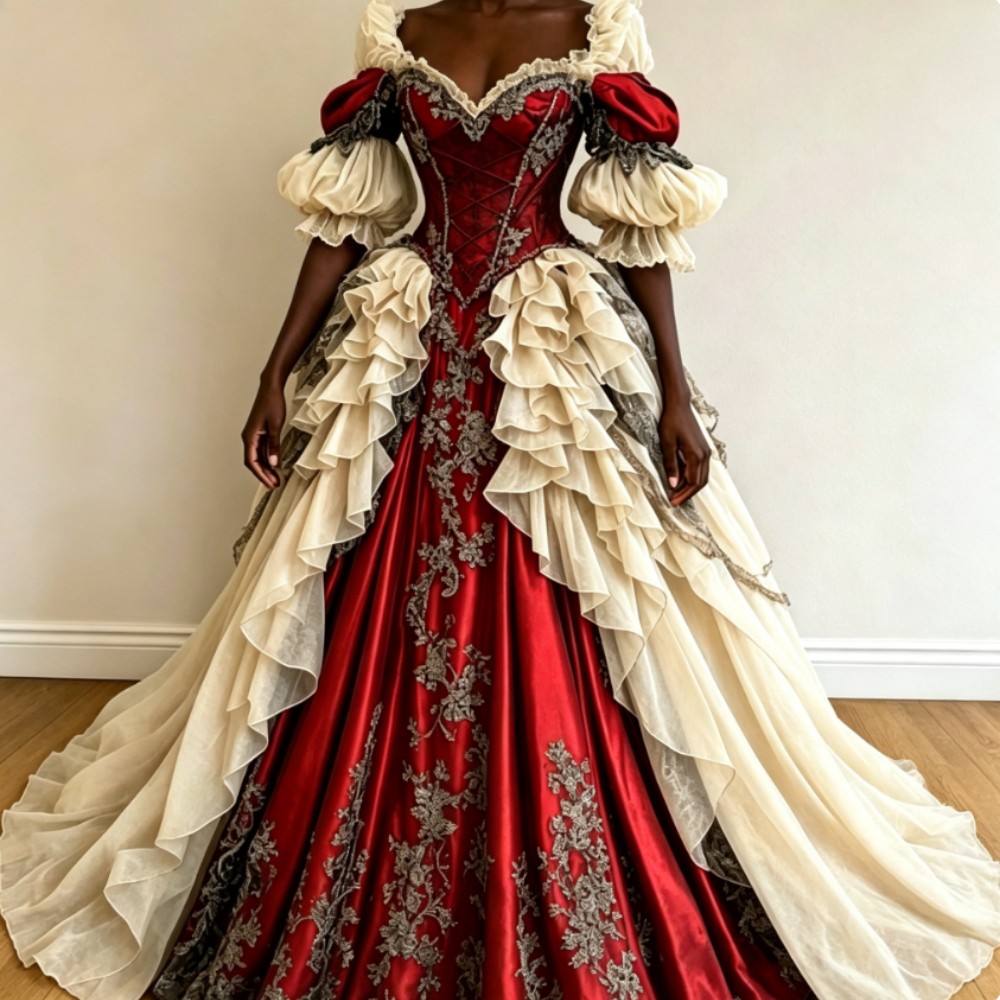 Vintage Red Royal Puff Sleeve Renaissance Evening Dresses Lace Embroidered Gowns