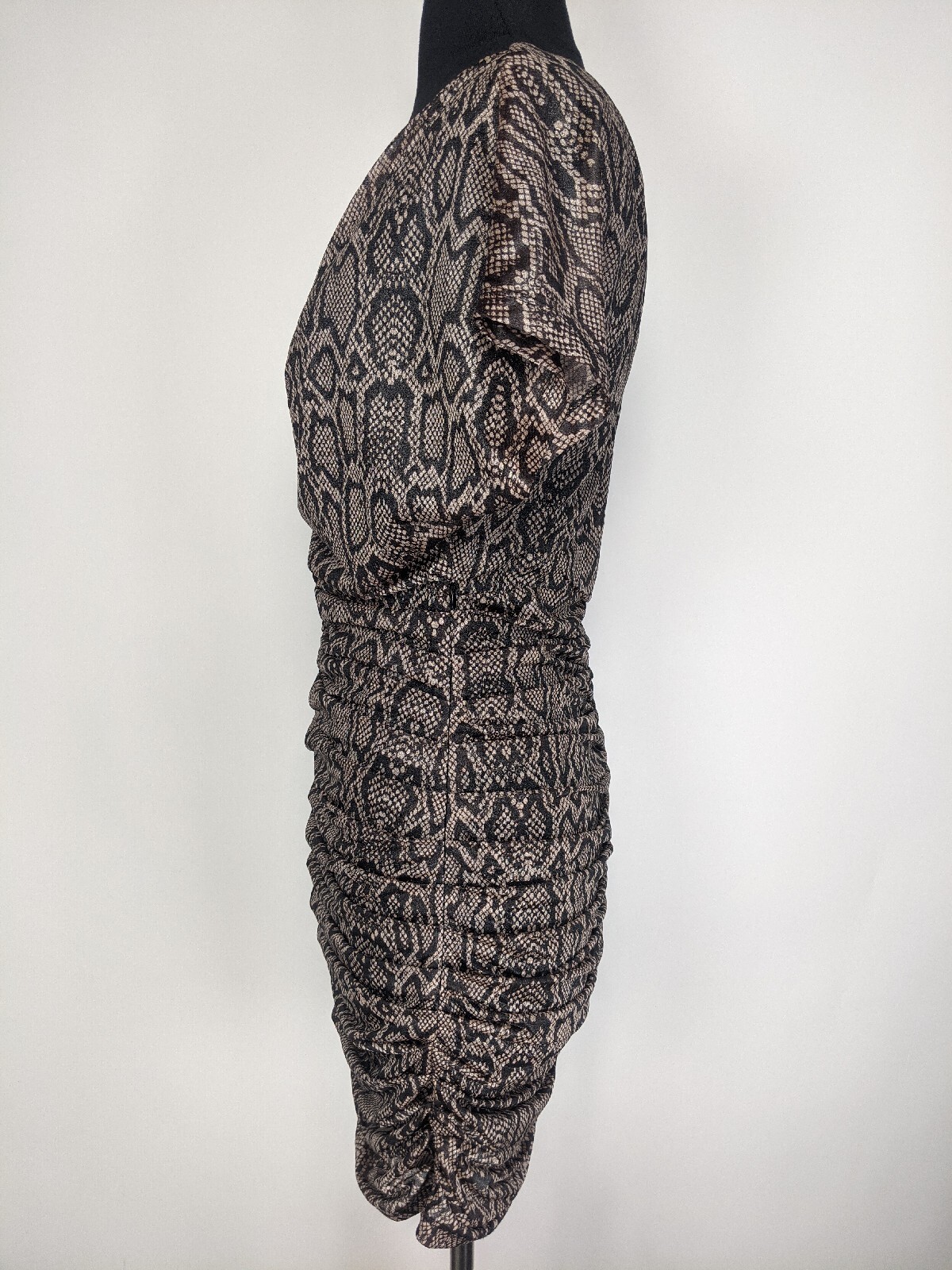 Nikibiki Black Brown Python Snake Print V-Neck Ruched Bodycon Dress Size S
