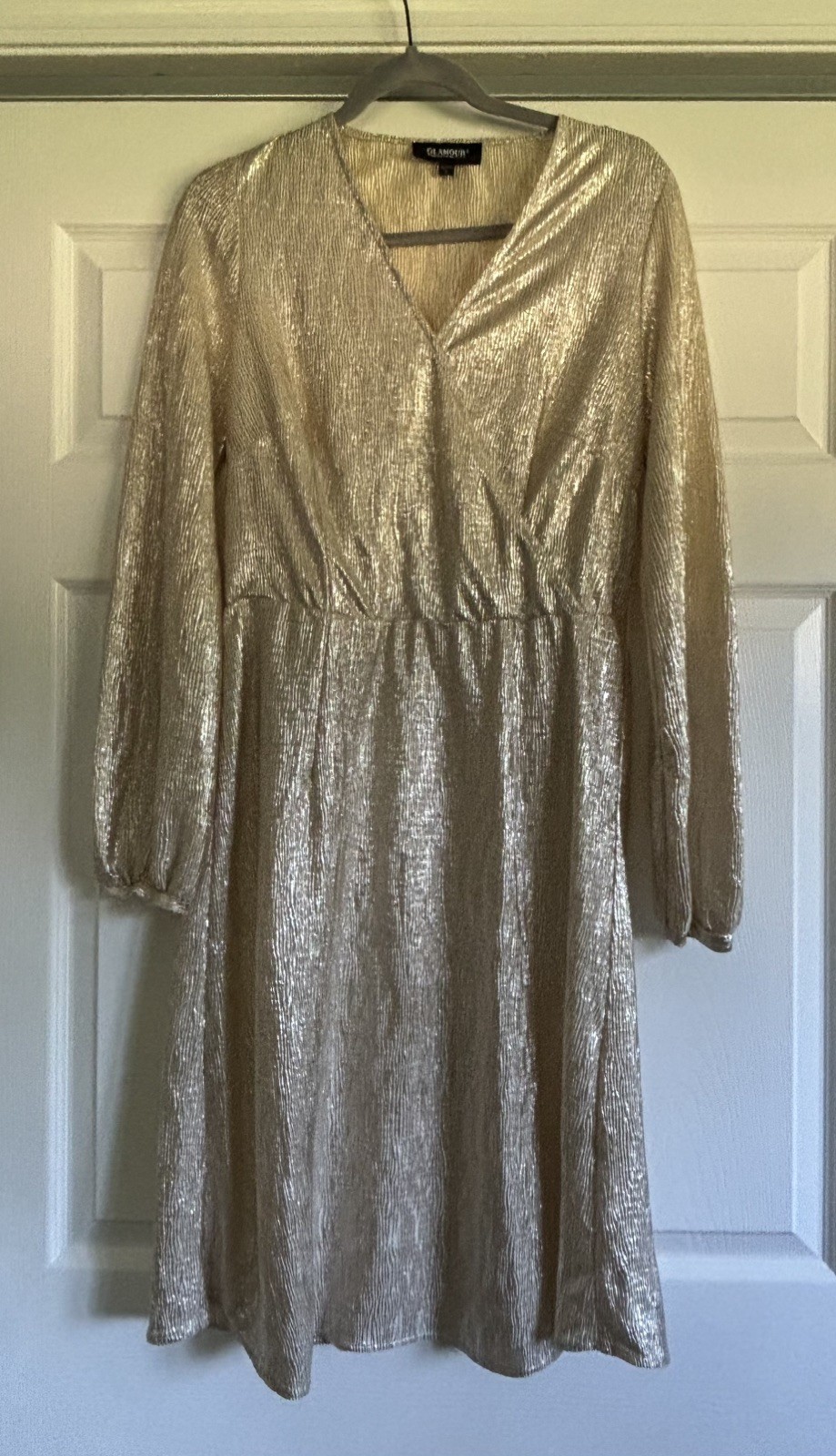 VTG 70’s Glamour Egypt Gold Disco Metallic Surplice Party Dress Long Sleeve