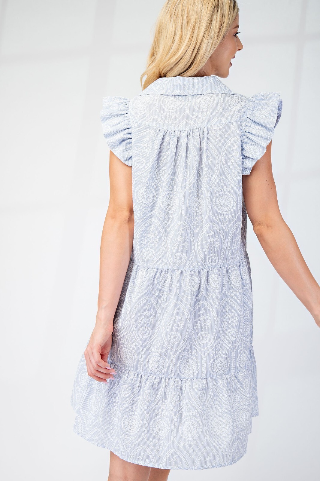 Blue Gigio by Umgee Collared V-Neck Tiered Dress Raised Faux Embroidery sz L