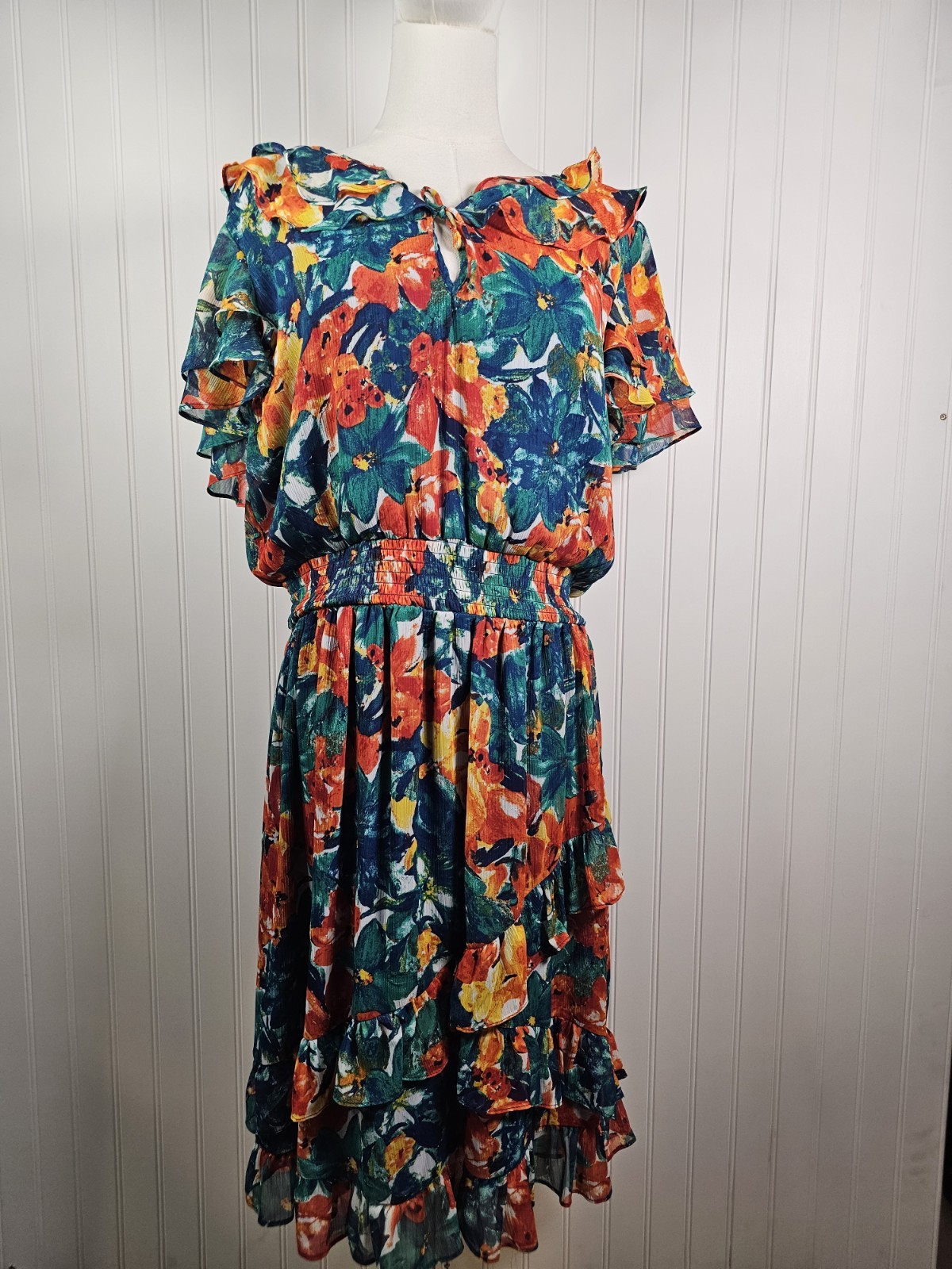 Duro Olowu Floral Chiffon Ruffle Dress Women’s L Midi Rouched Waist Gorgeous