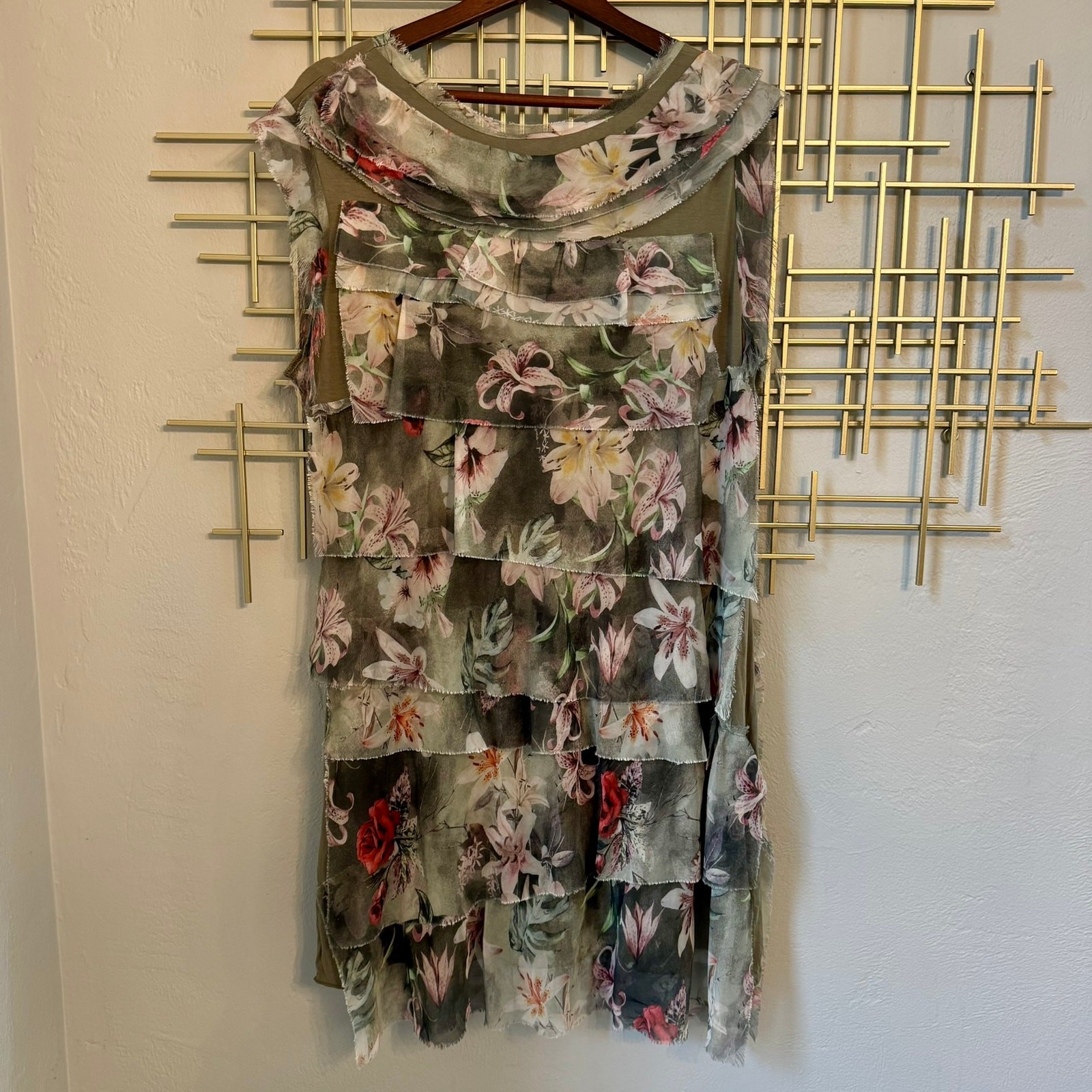 Fleur de Lis XL Tiered Floral Mesh Midi Dress Raw Edge Boho Cottagecore