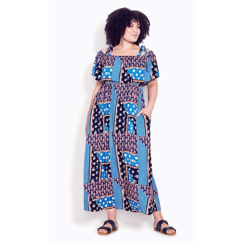 Evans Patchwork Maxi Dress 14 Sundress Floral Ruffle Patriotic Cottagecore XL