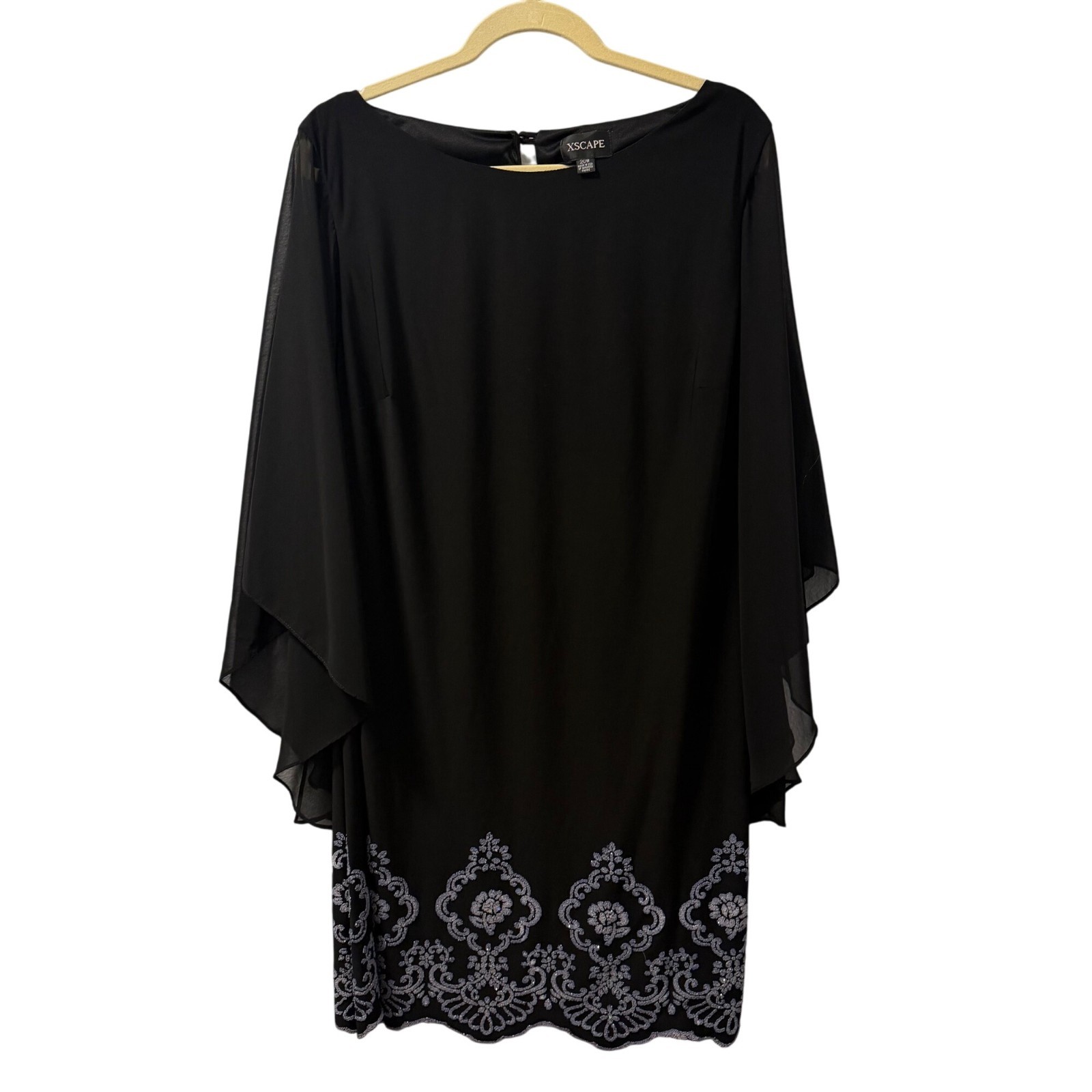 Xscape 20W Dress With Sheer Flutter Sleeves & Beaded Floral Embroidery