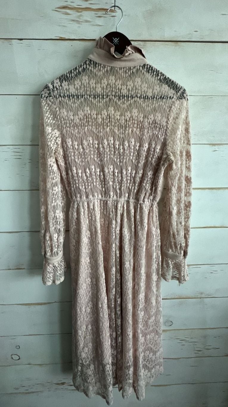 Camilla Dora Victorian Style Pink Lace Midi Dress with Ruffle High Neck