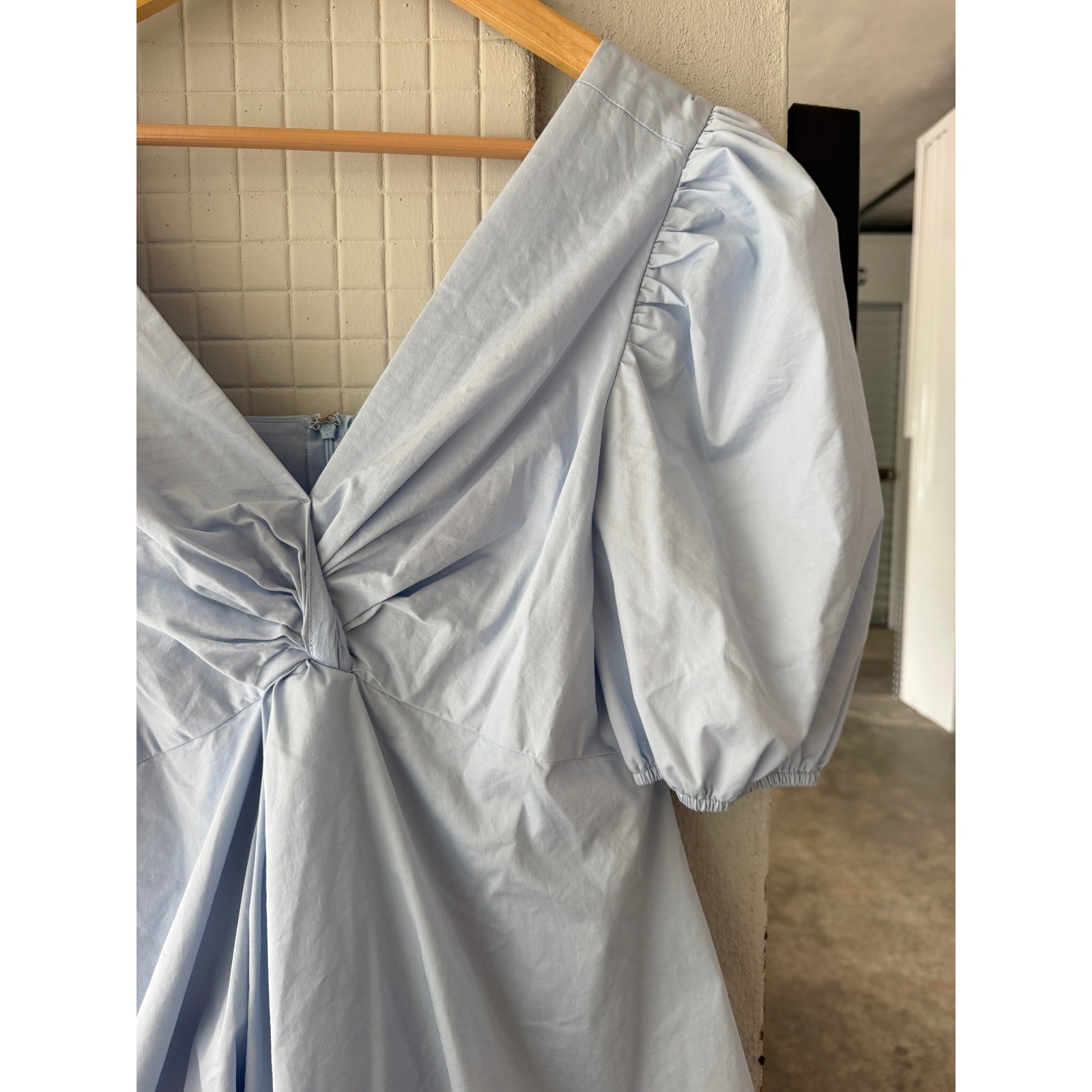 PINCH Light Blue Pastel Twist Front Puff Sleeve Bubble Hem Babydoll Mini Dress L