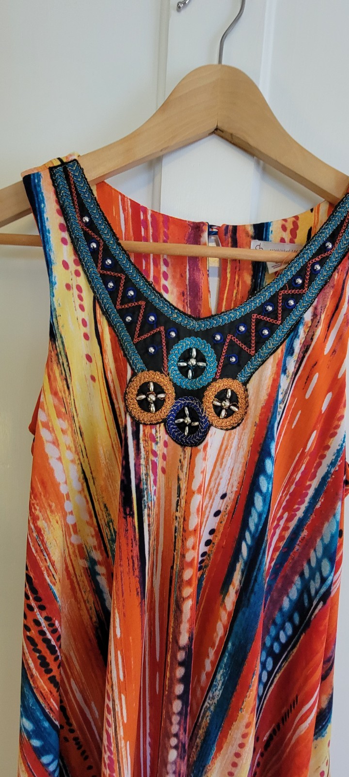 Colorful Boho Chic Embroidered Neckline Dress Size 6