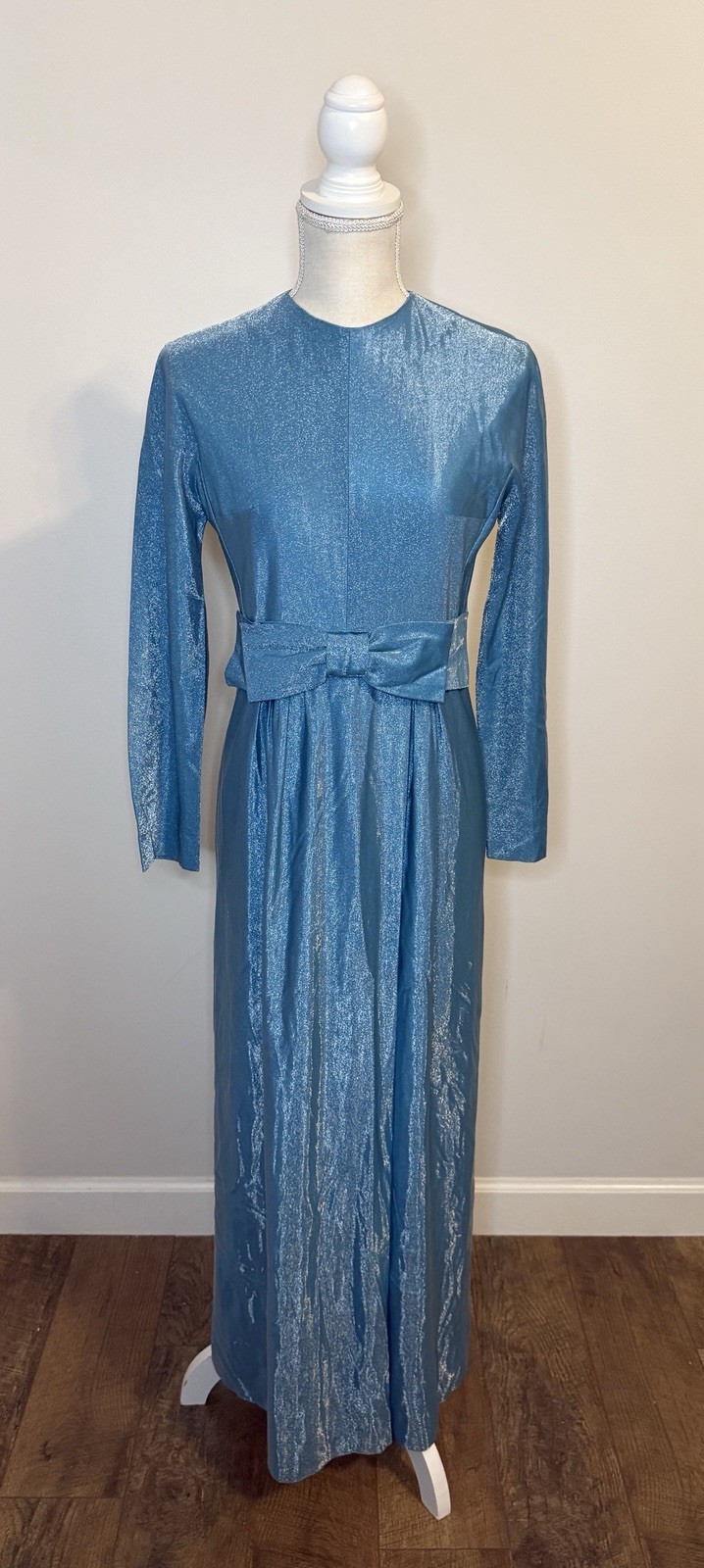 Vtg Vogue Paris Original Blue Long Sleeve Bow Shimmer Maxi Dress Button Back S