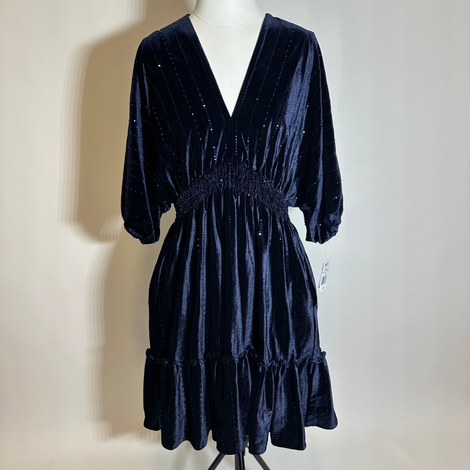 NWT Taylor Velvet Sequin Striped Dolman Sleeve Dress Navy Blue Womens Size 10