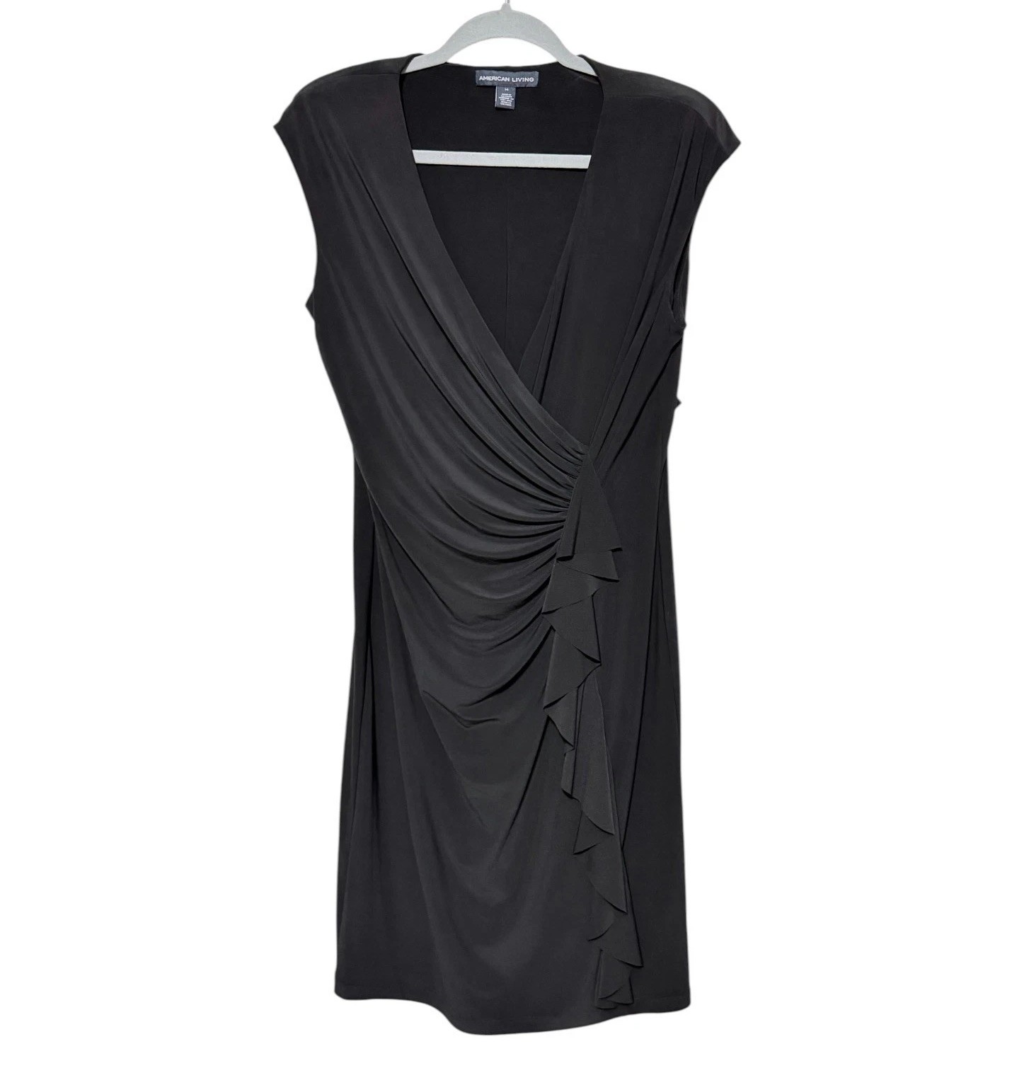 American Living Black Faux Wrap Cocktail Dress Size 14 Cap Sleeve Ruffle Stretch