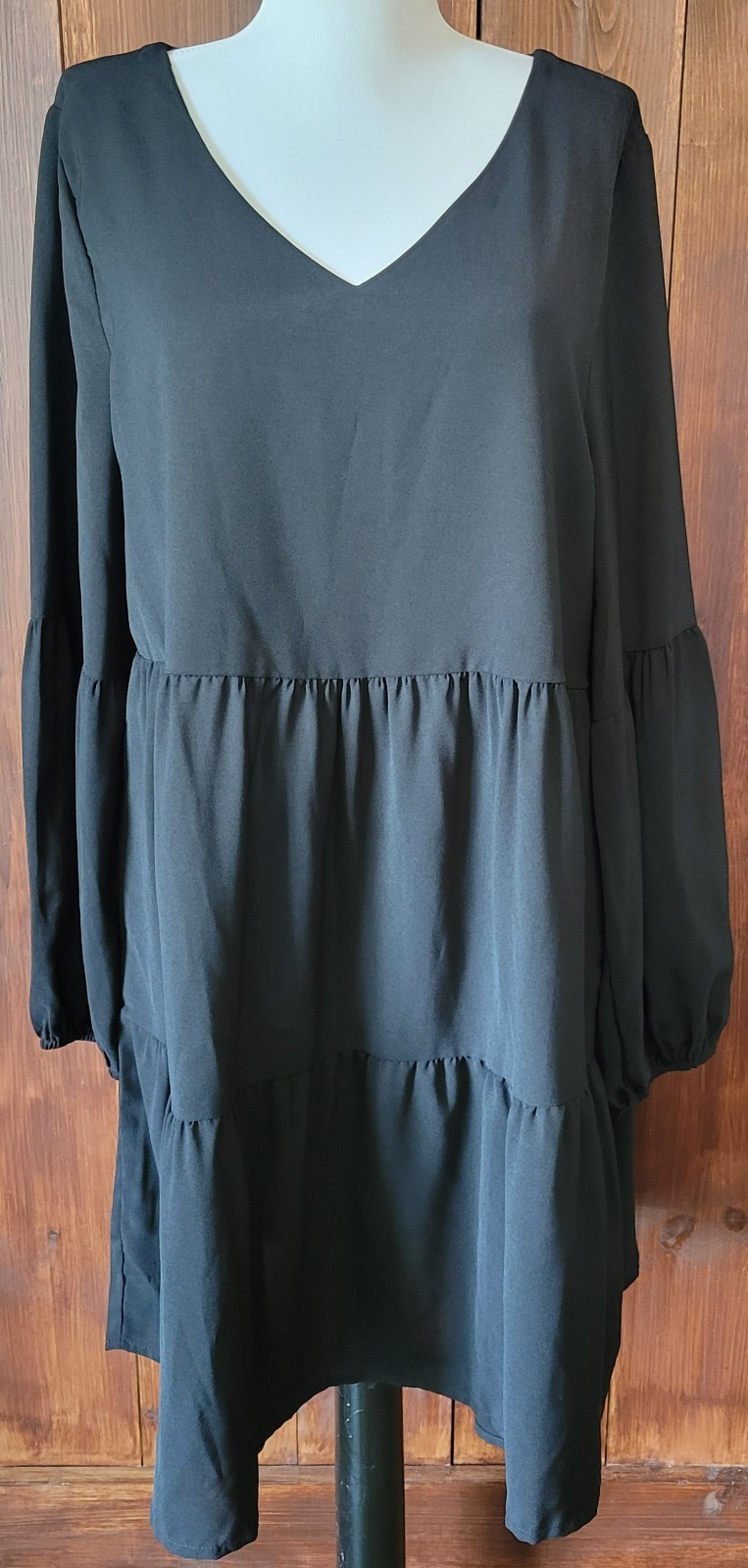 Dark Boho Women L Black Empire Waist Dress Balloon Sleeve Tiered Hem Whimsigoth