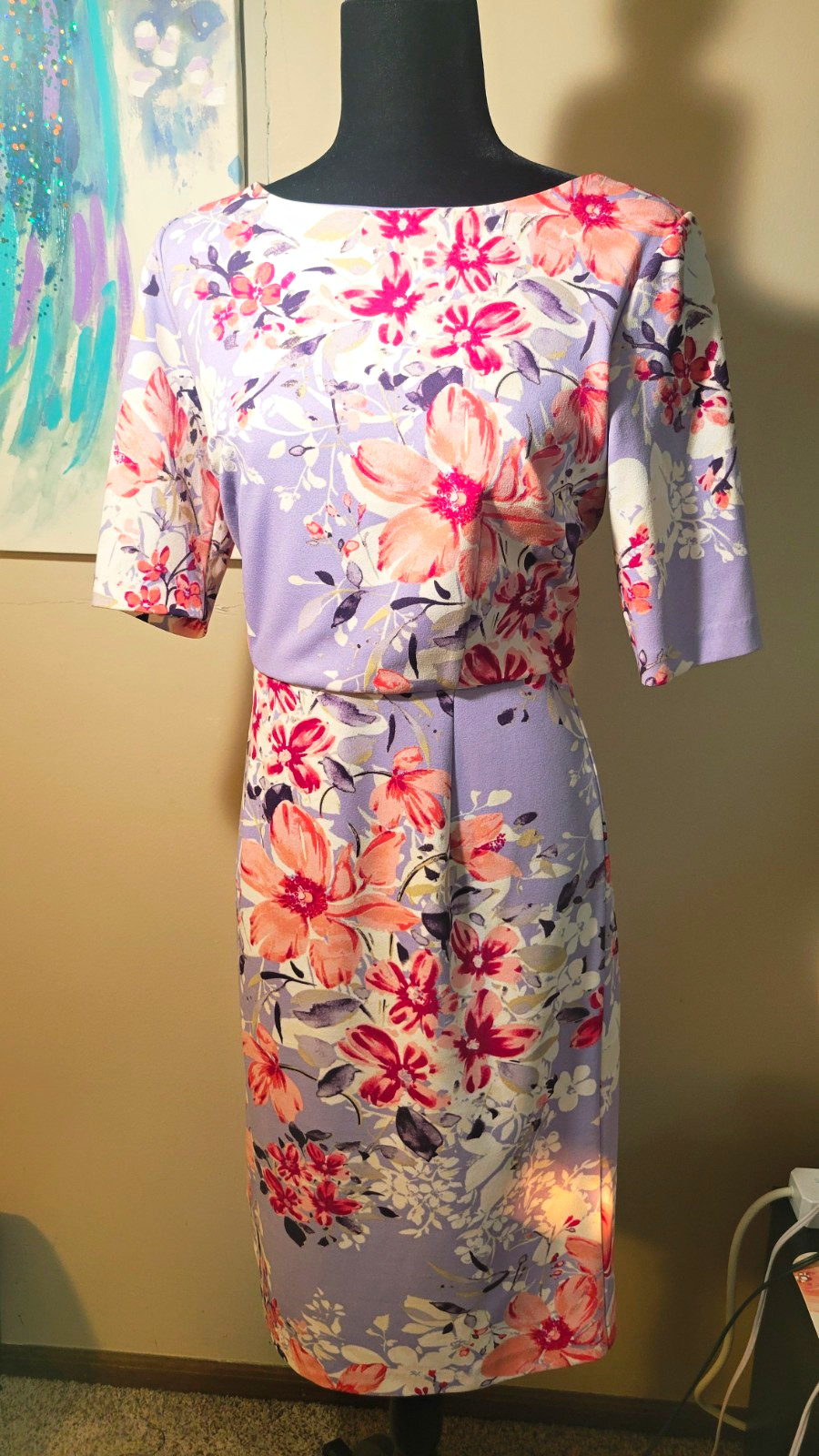 Be by Chetta B Floral Sheath Dress Purple Pink White Short Sleeve 8