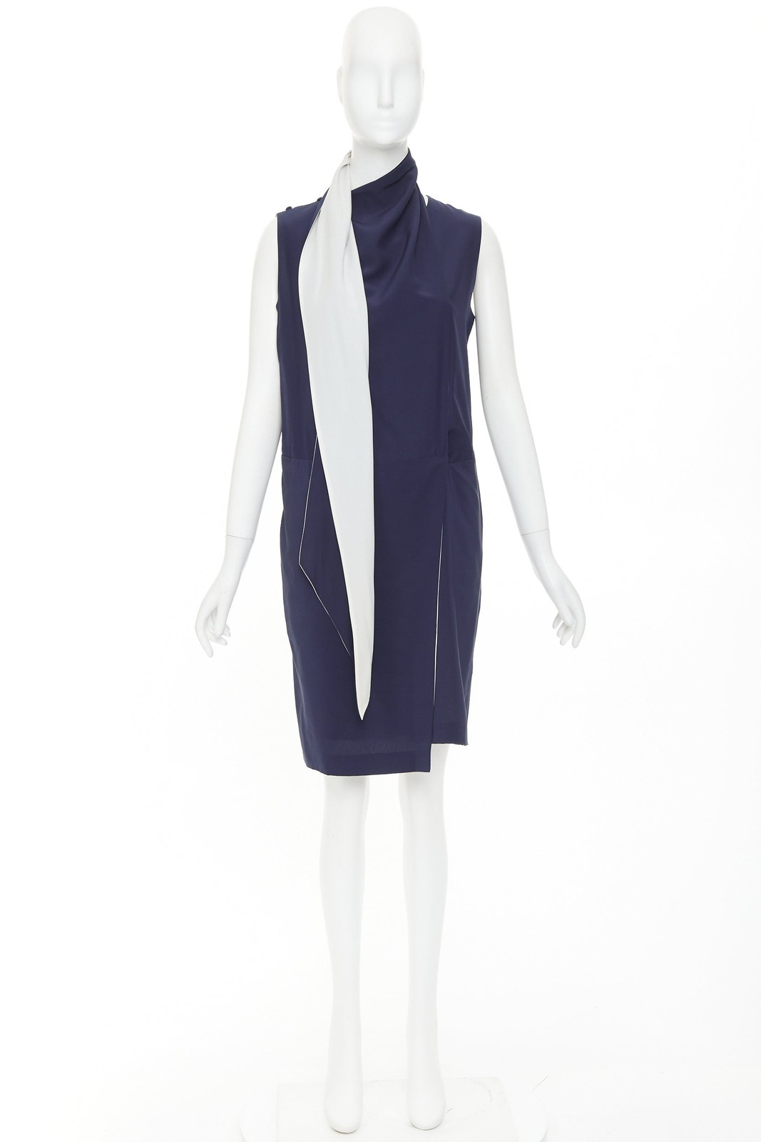 OLD CELINE 2010 Phoebe Philo navy ivory double layer silk scarf dress FR38 M