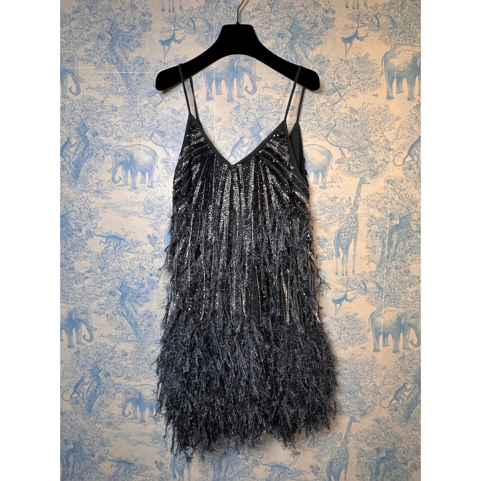 ASOS Edition Sequin and Feather Mini Dress midnight Grey Flapper 1920’s US 6 NEW