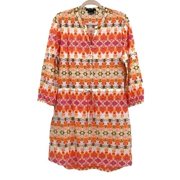Etcetera Cotton Dress Womens Size 16 Tie Waist 3/4 Sleeve Pockets Mixed Print