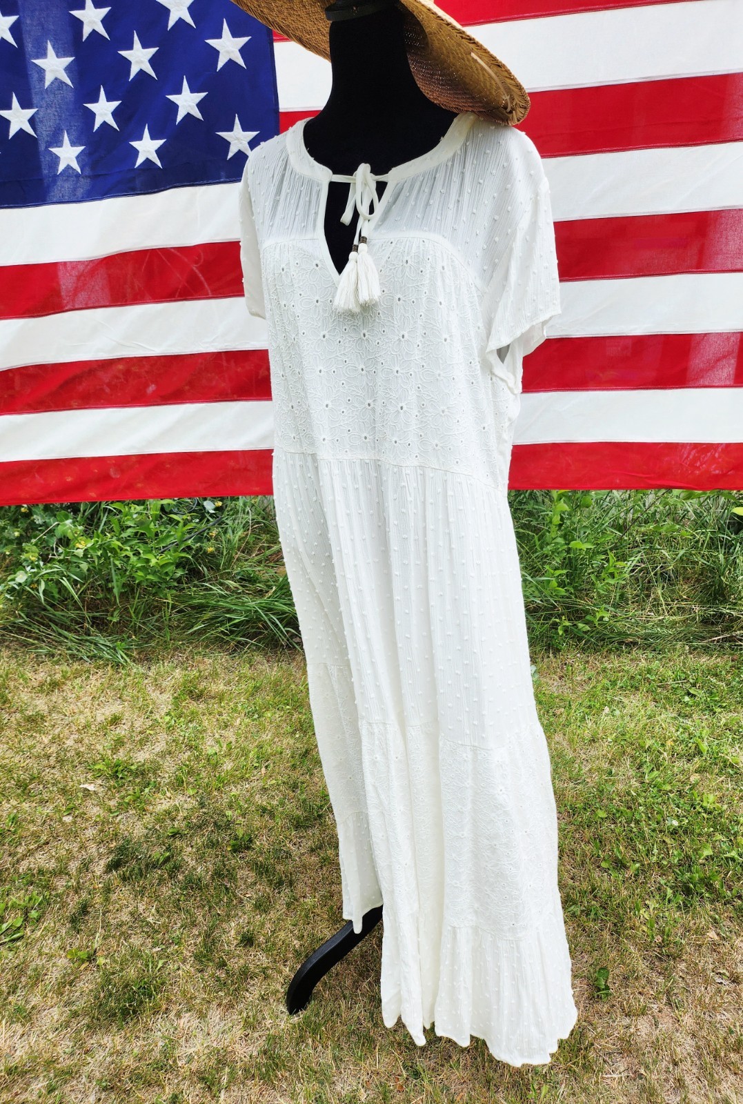Summer Dress Tiers of Gauzy White Boho Flowy Style Ladies XL Beach Tie Front