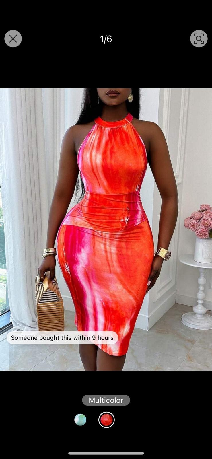 Womens Multicolor Tie Dye Halter Neck Ruched Stretch Bodycon Midi Dress S