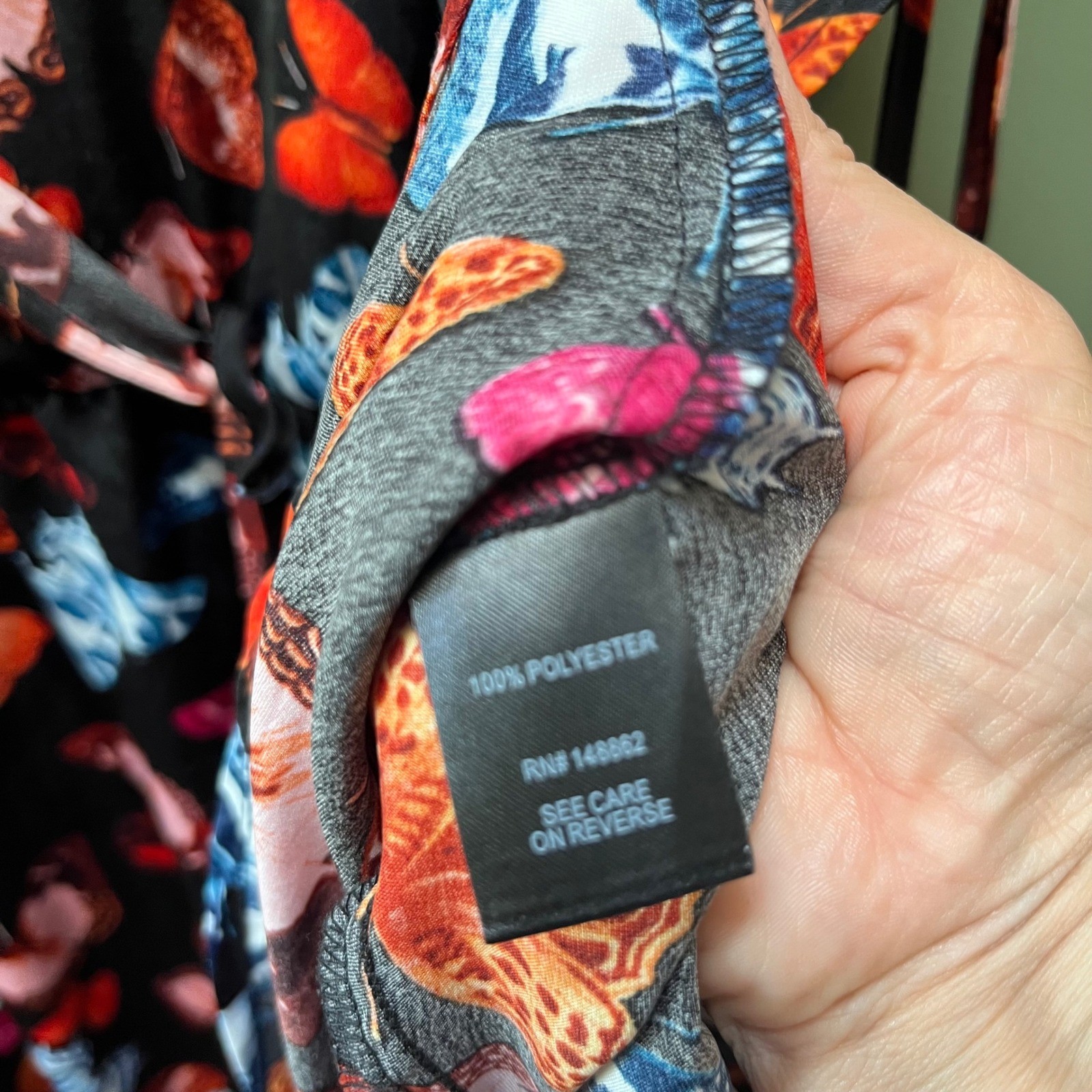 Torrid 6 Butterfly Print Wrap Front Midi Dress Black Cinched Sleeve Pocket
