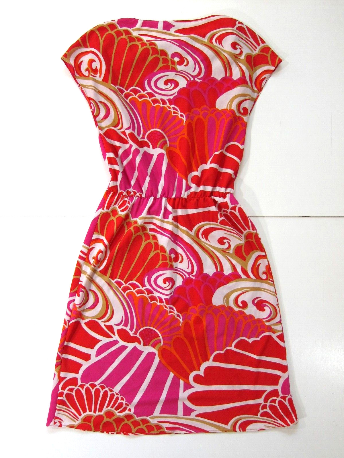 Natori Pink Orange White Geometric Cap Sleeve Tent A-Line Sheath Tunic Dress S