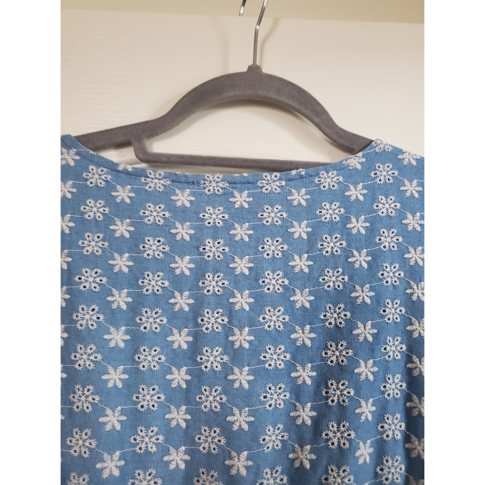 Polagram Cottagecore Blue White Embroidered Floral Shift Mini Dress, Size Medium