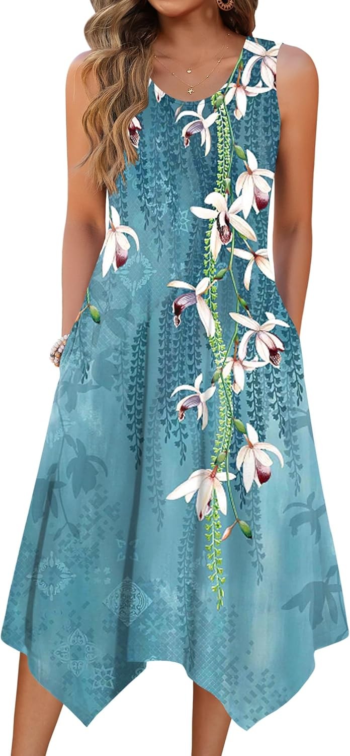 Women’s Pull On Dress Sleeveless Scoop Neck Pull-On 01 Light Blue Summer HOTOUCH