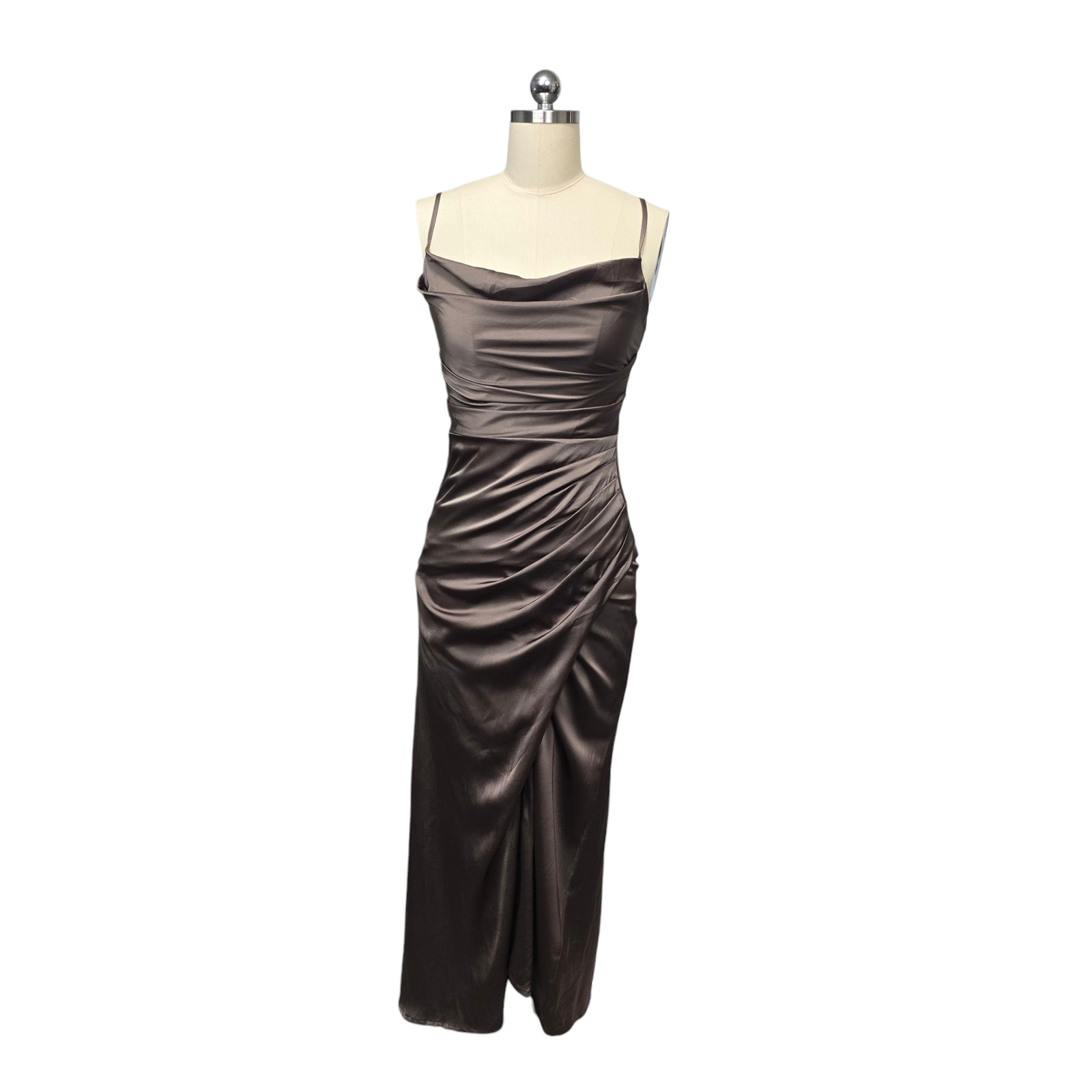 Birdy Grey Dress Womens XS Brown Satin Cowl Neck Ruched Midi Bridesmaid Formal