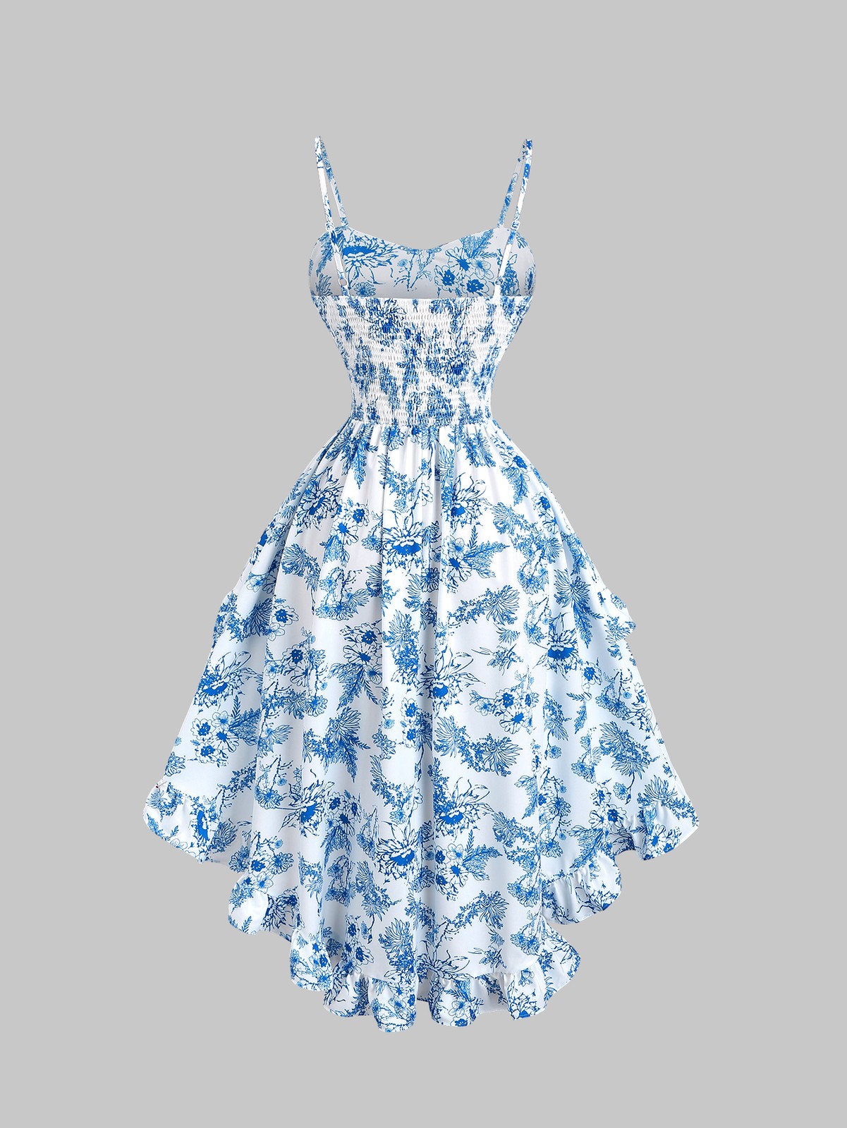 Blue white floral print spaghetti strap sweetheart neck high waisted puffy dress