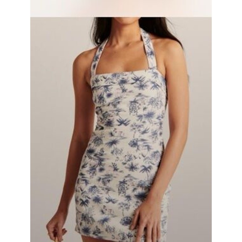 Forever 21 Linen Blend Tropical Blue & White Coastal Halter Mini Dress NWT Sz M