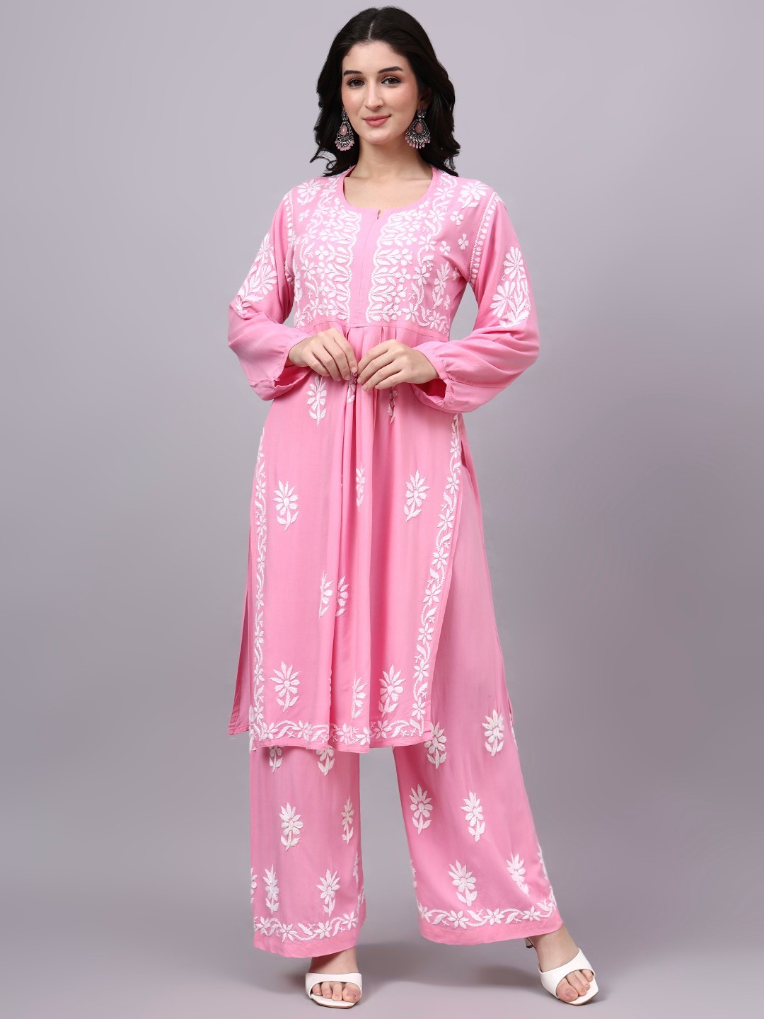 Women’s Rayon Chikankari Kurta Palazzo Set Pink, Hand Embroidered, Ethnic Kurta