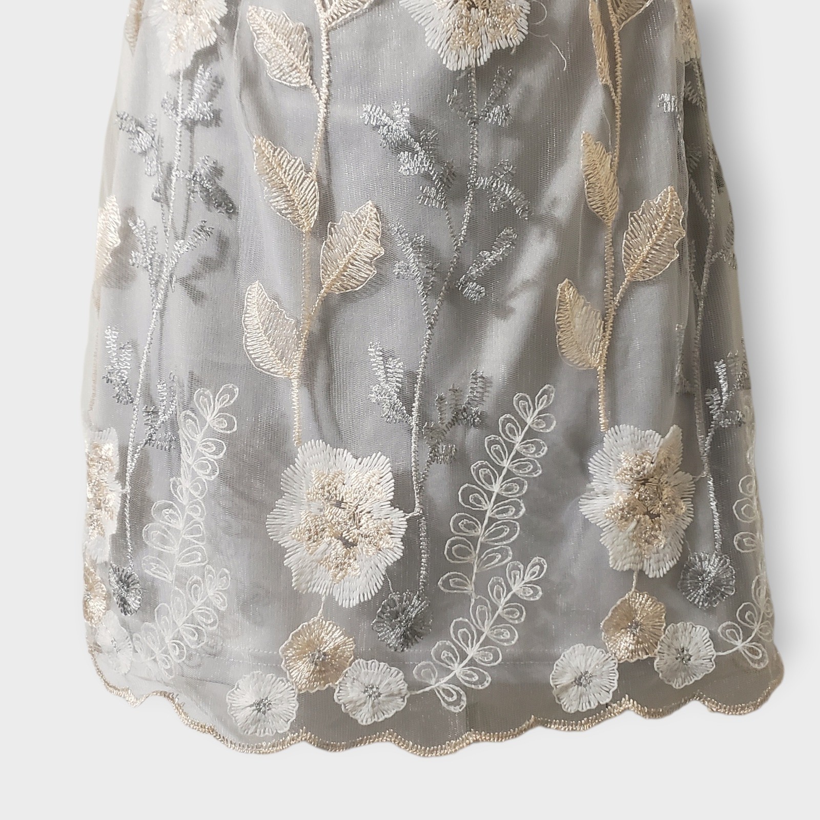 Lucy in the Sky Floral Embroidered Mesh Mini Dress Silver Grey Strappy Back S