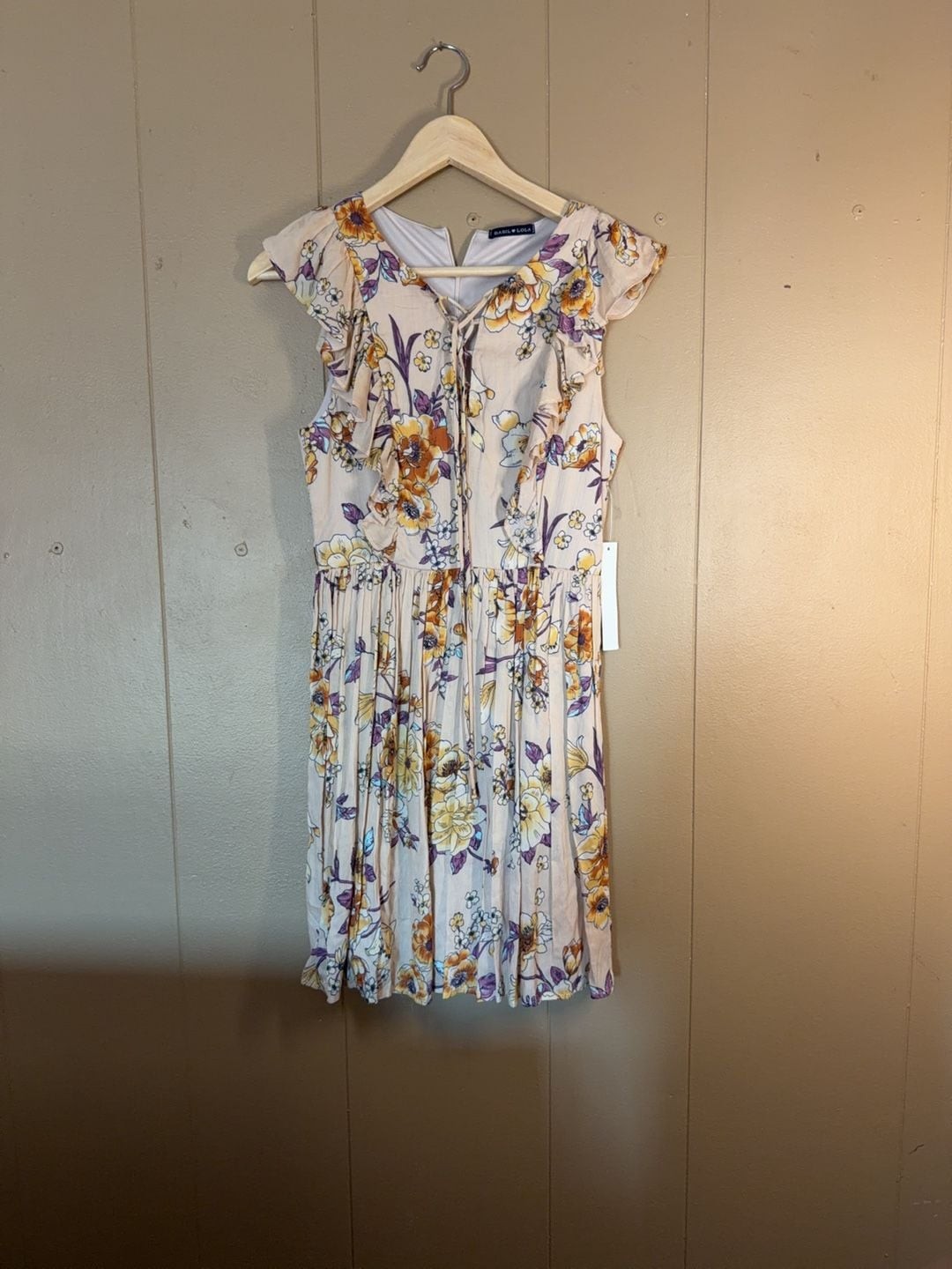 Basil & Lola Floral Print Ruffle Cap Sleeve Lace-Up Dress