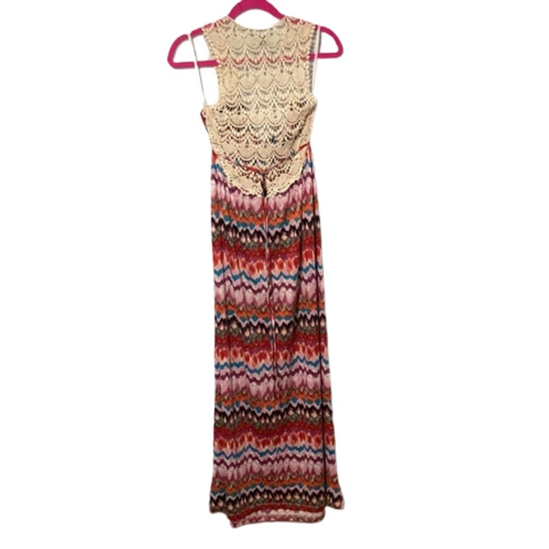 Karlie Red Maxi Dress Medium Multicolor Crochet Open Back Boho Festival Chevron