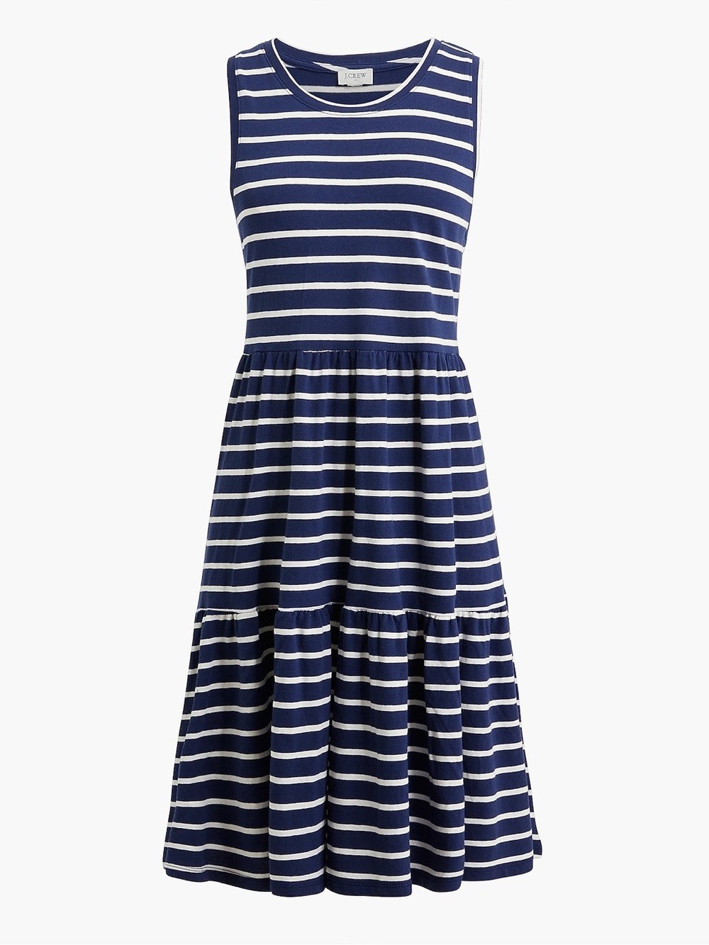 J. Crew Navy and White Striped Sleeveless Tiered Cotton Dress