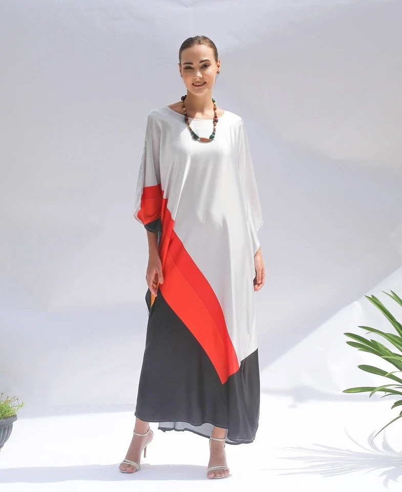 Soft Satin Silk Geometric Harmony Luxe Kaftan, Long Kaftan, Beach Wear, J5846
