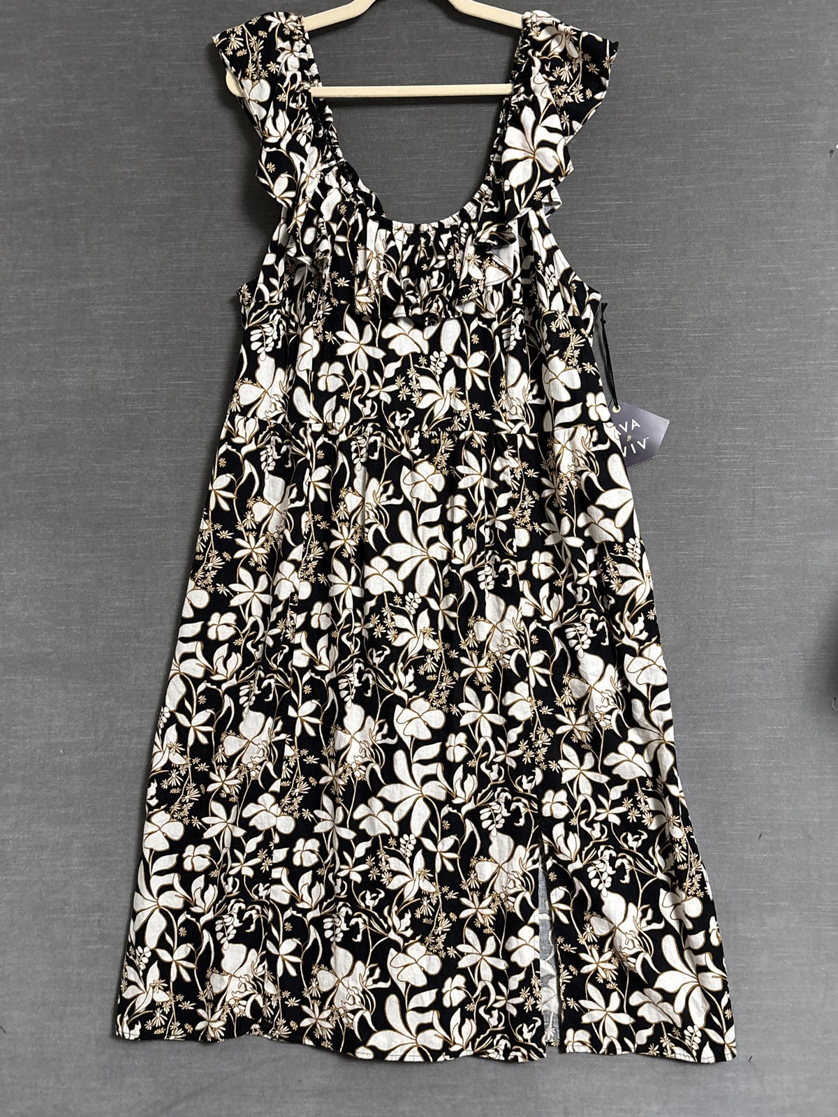 Ava Viv Dress 2X Black Brown Floral Ruffle Midi Linen Vacation Boho Sundress