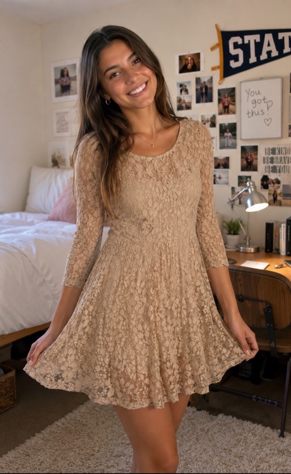 Free People Pink Peach Sand Lace Dress 10 Peach A-Line 3/4 Sleeves Y2K