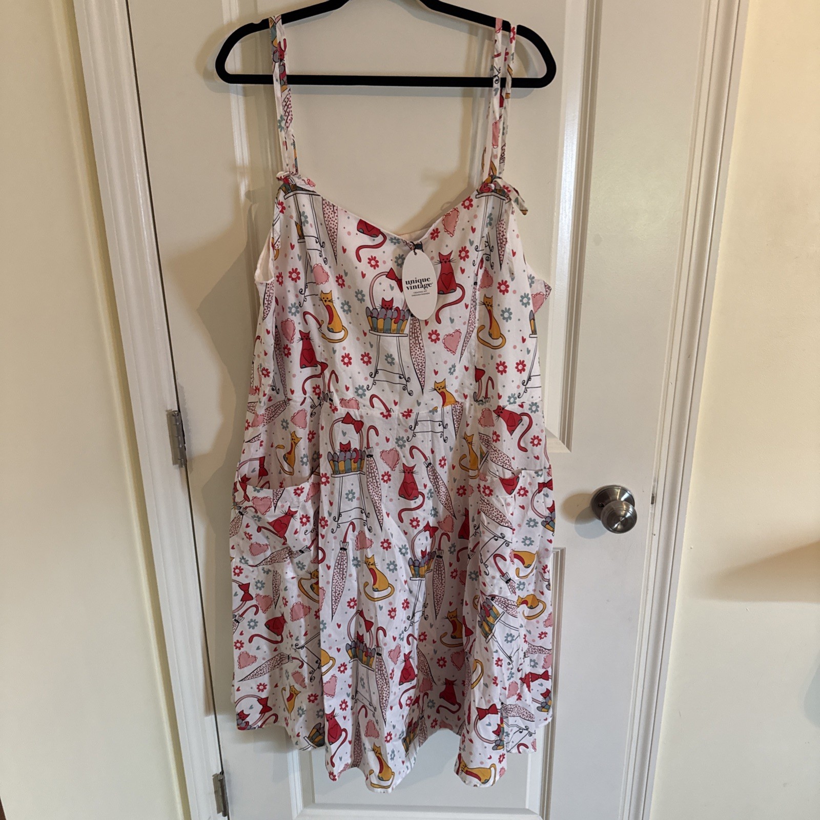 Unique Vintage Retro Cat Babydoll Tie Neck Dress Artsy Swing 3X 20 NWT