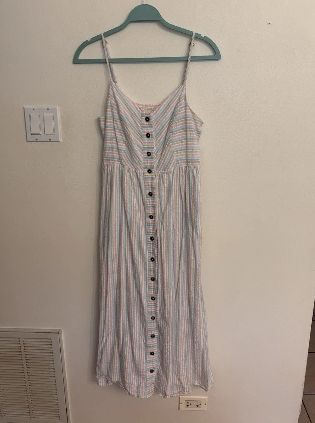 ModCloth Multicolor Striped V-Neck Button Front Cotton Midi Sundress M