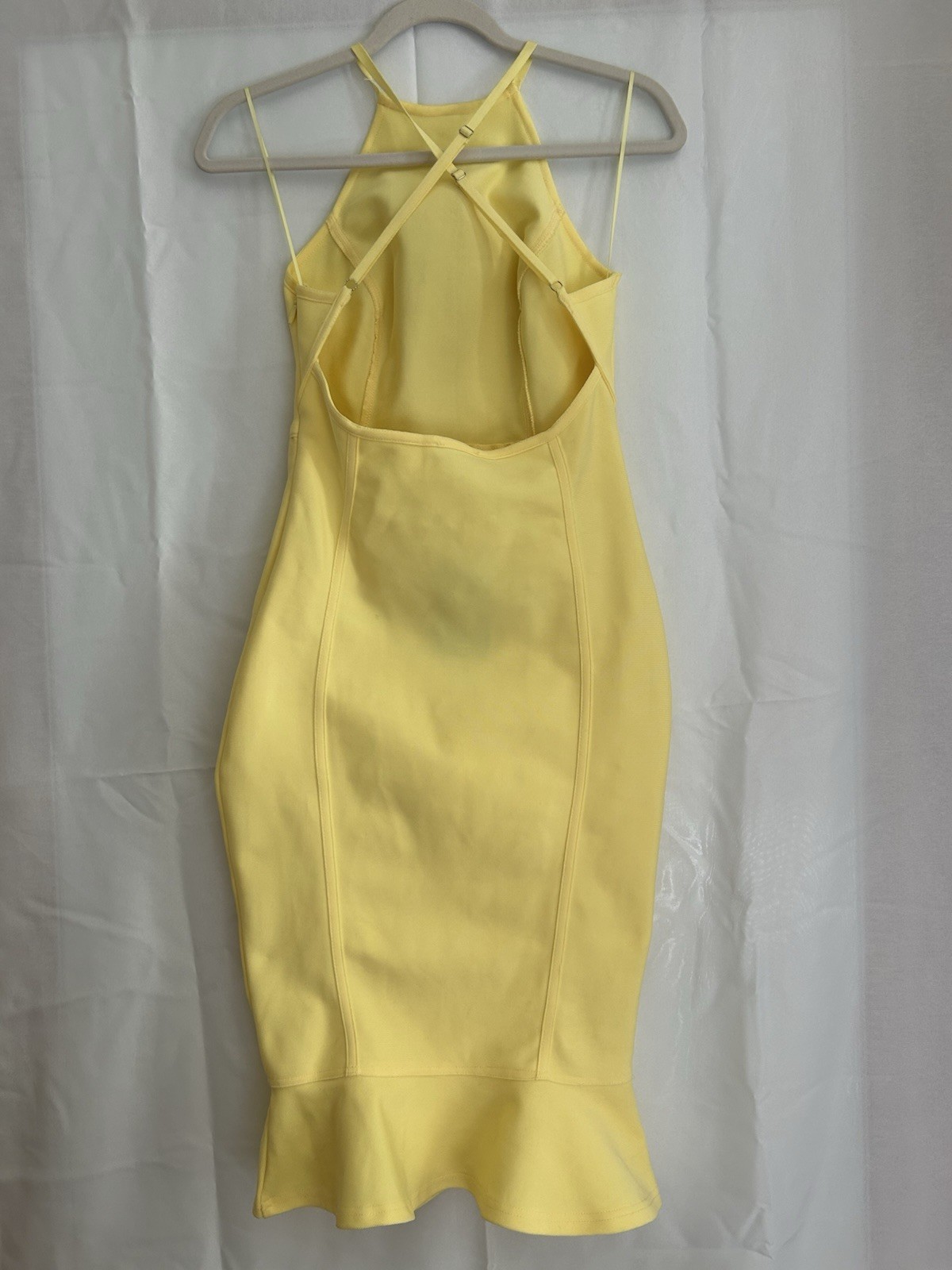 Women’s S Yellow Solid Halter Sleeveless Midi Bodycon Dress Open Back Ruffle