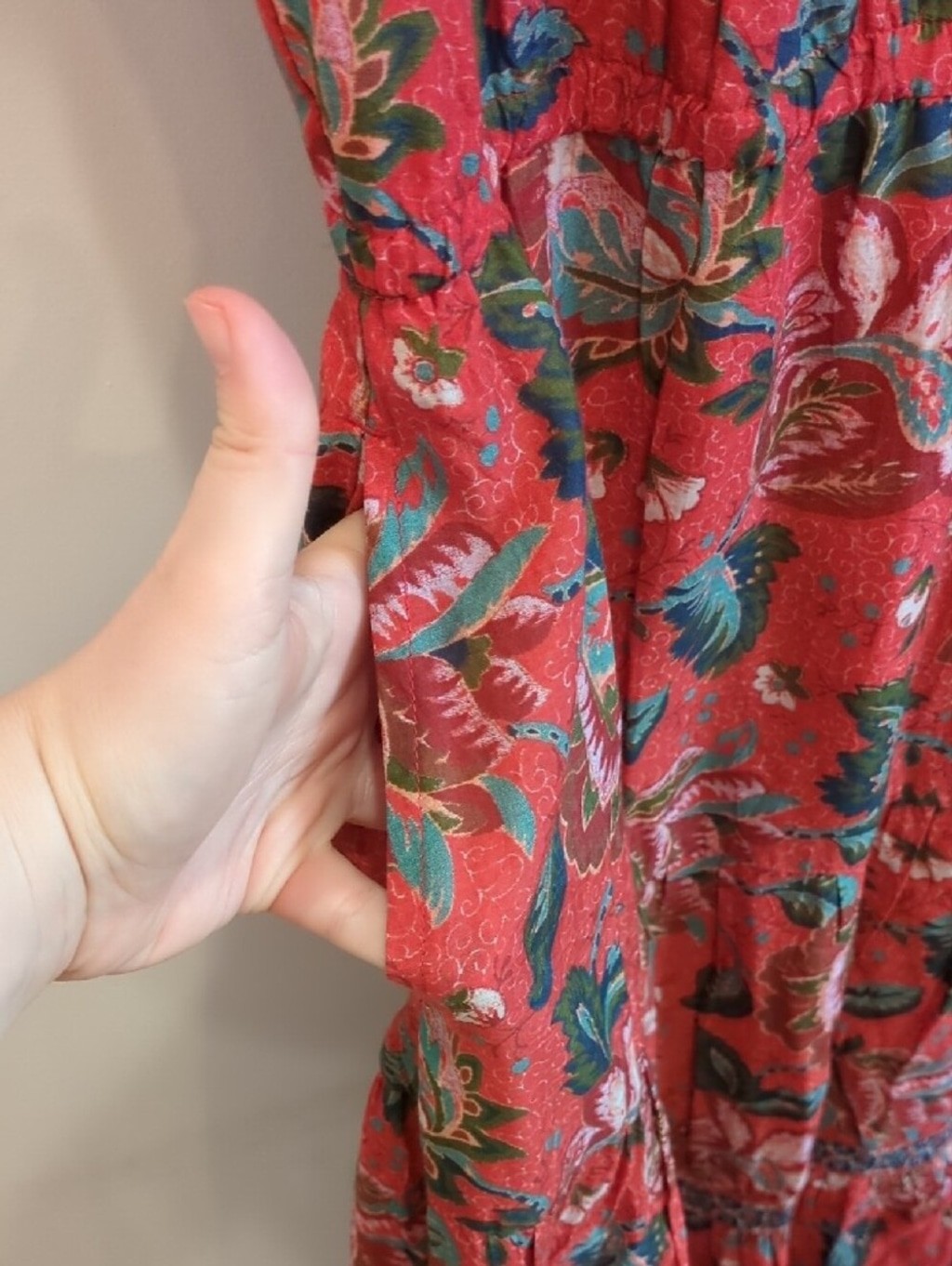 Western Boho Whimsy Cottage Sundance Red Blue Floral Maxi Dress Size Large EUC