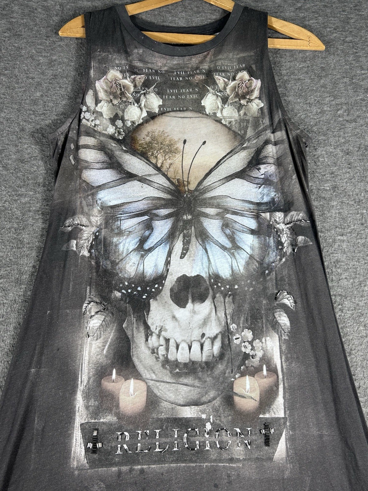Religion We Live In Black Skull Butterfly Goth Grunge Dark High Low Dress SZ M?