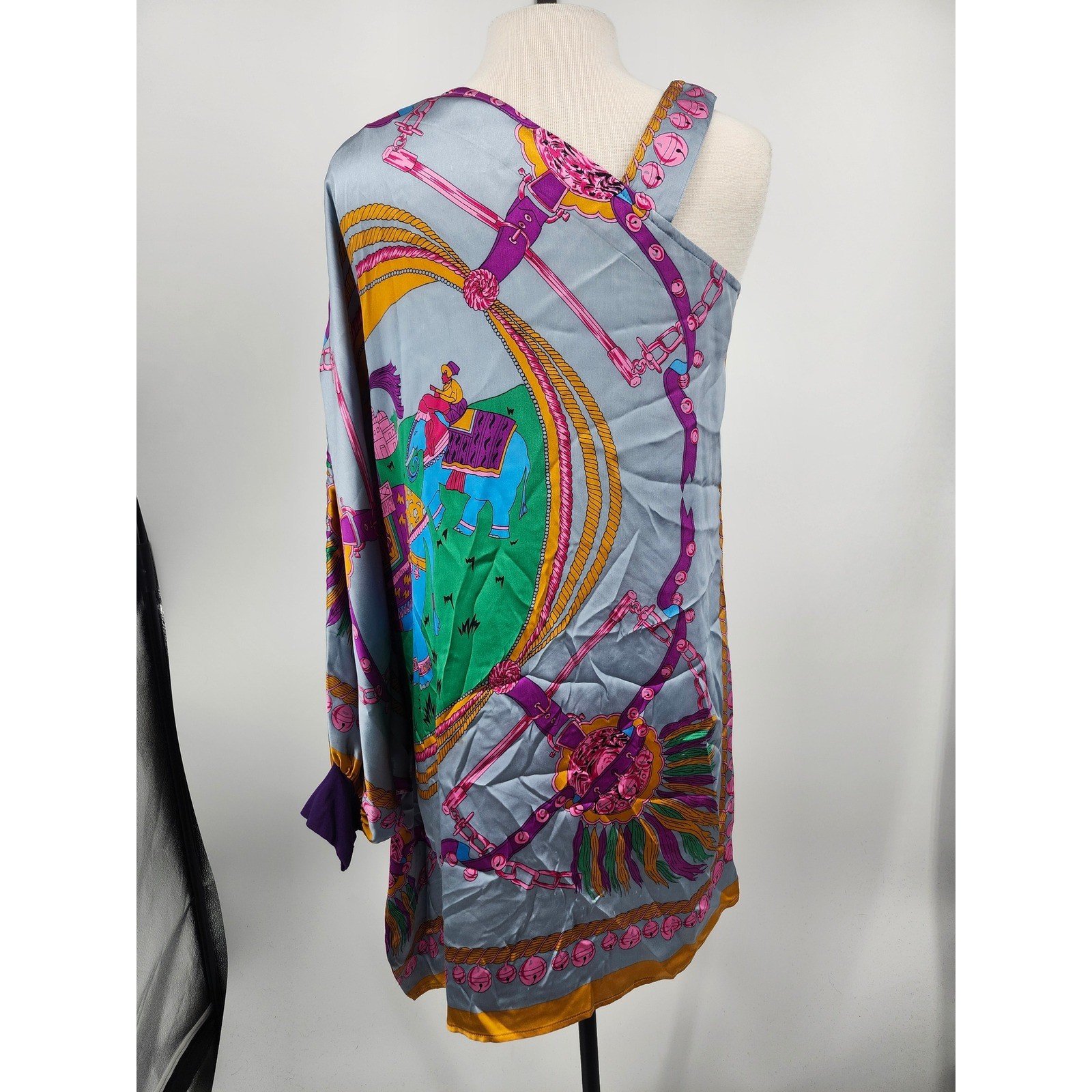Voom Joy Han Scarf Print Dress Womens L Grey Elephant One Shoulder Asymmetric
