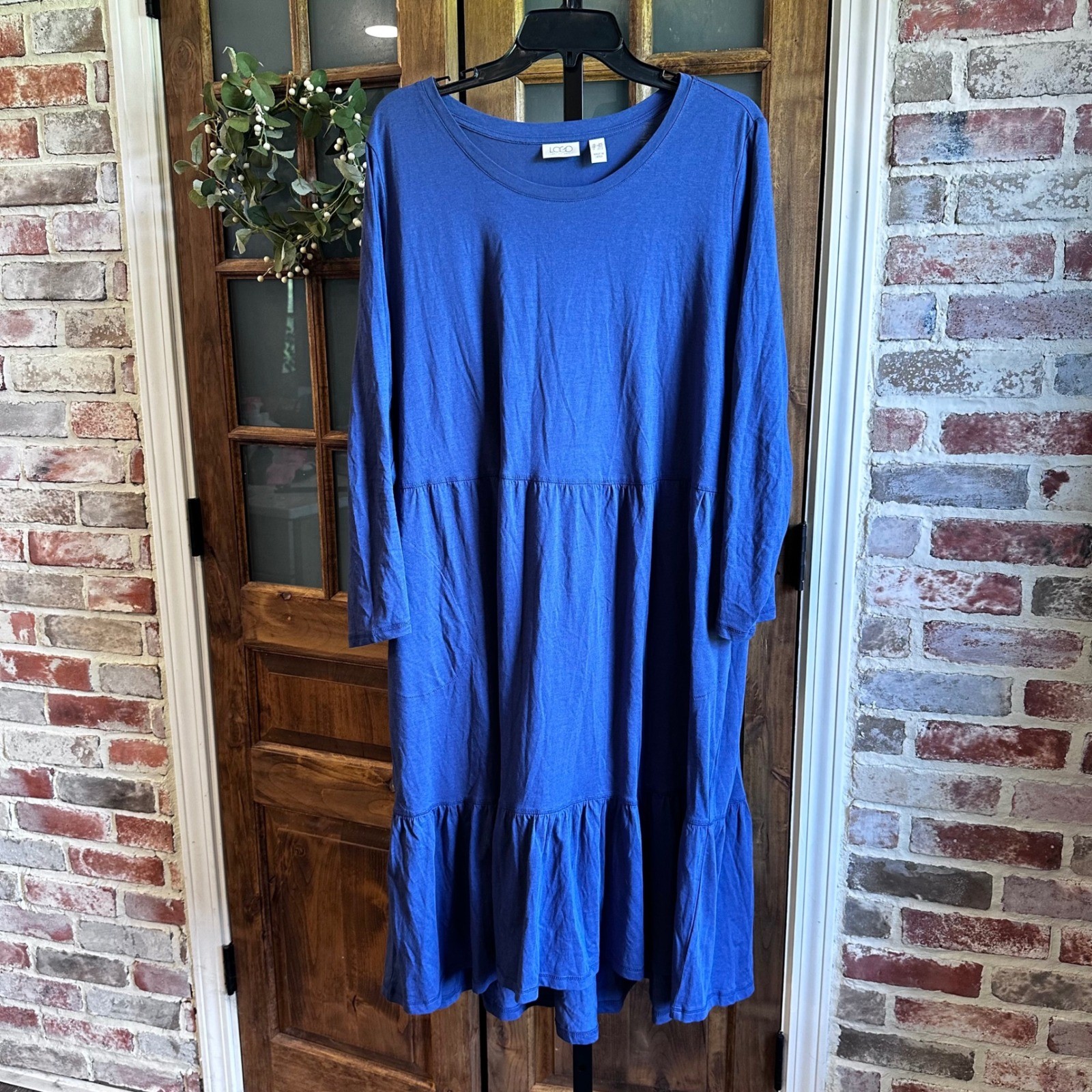 LOGO Lori Goldstein Tiered Midi Dress Womens 1XP Blue Long Sleeve Pockets Cotton