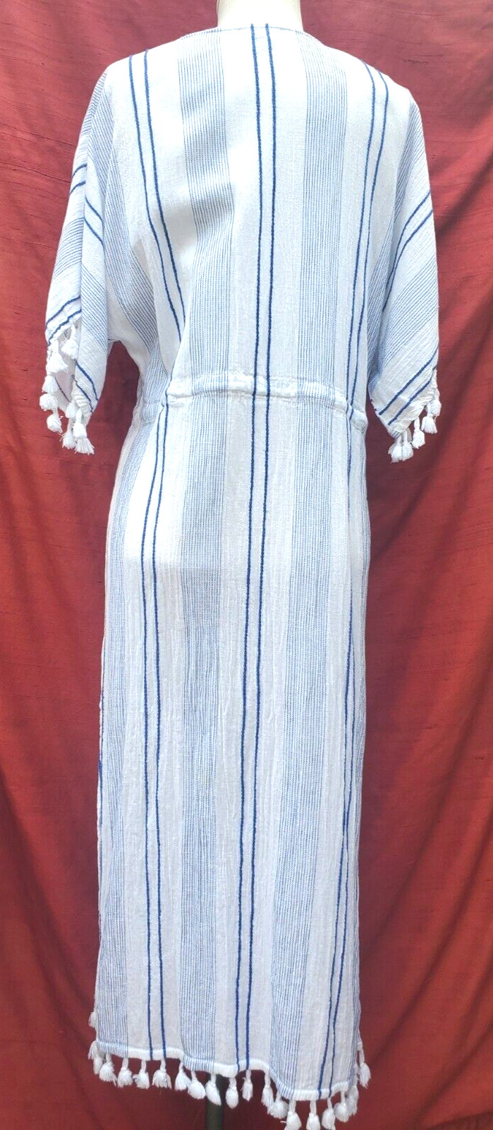LULUS white & blue striped pullover maxi Dress medium TASSLES tied waist cotton
