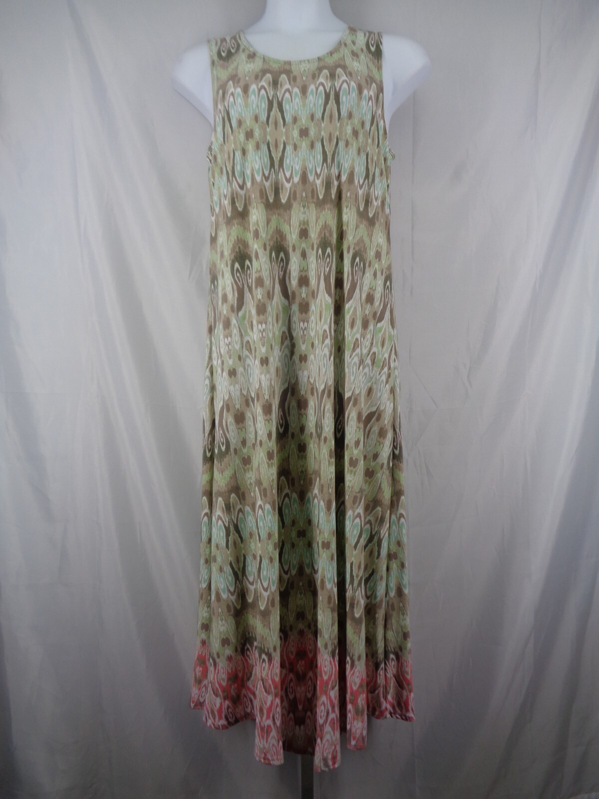 Chicos Ikat Sleeveless Maxi Dress Green Beige Pink Size 2 (12) Large