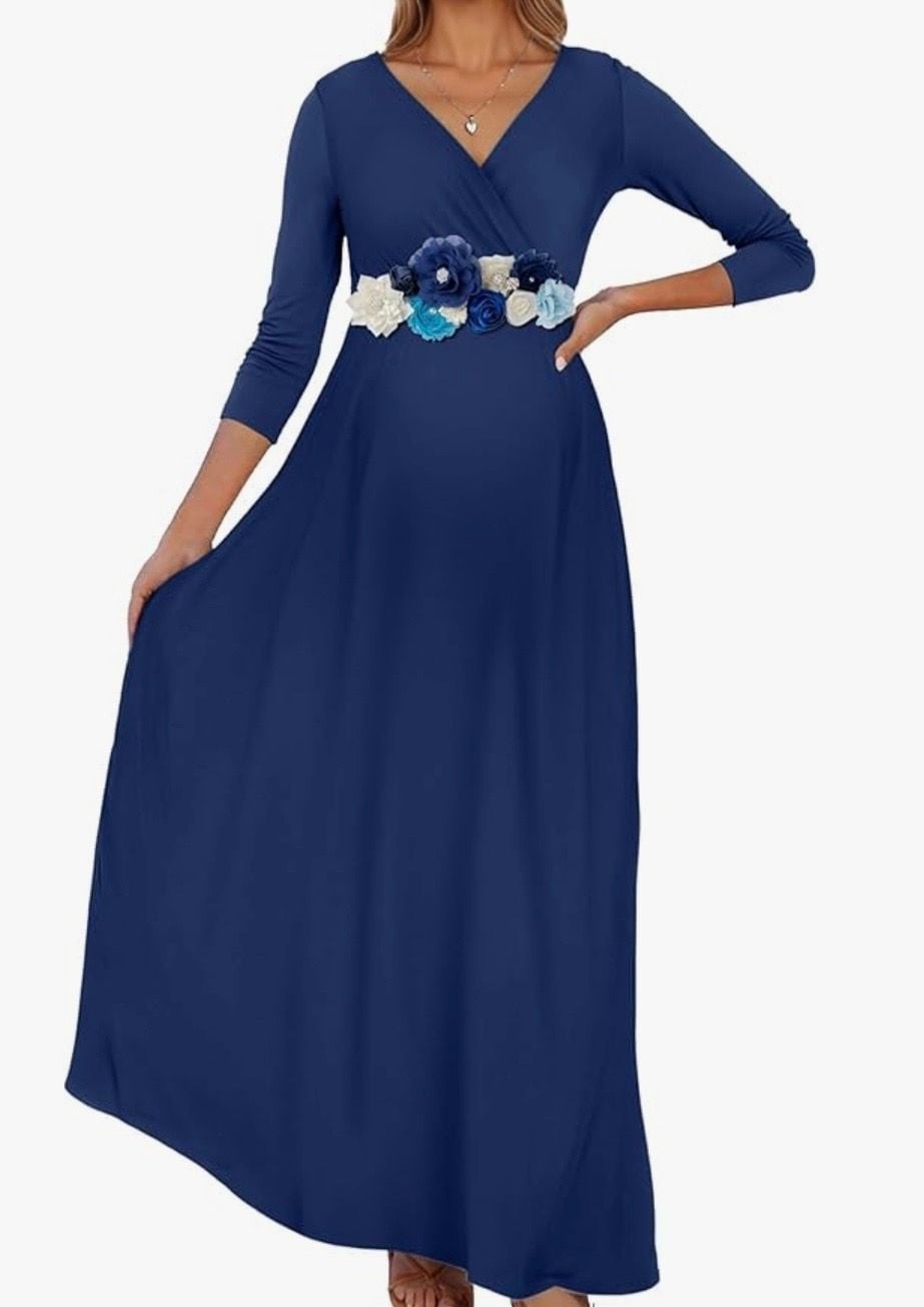 KIM S Navy Blue Maternity Maxi Dress with Flower Sash, Size L